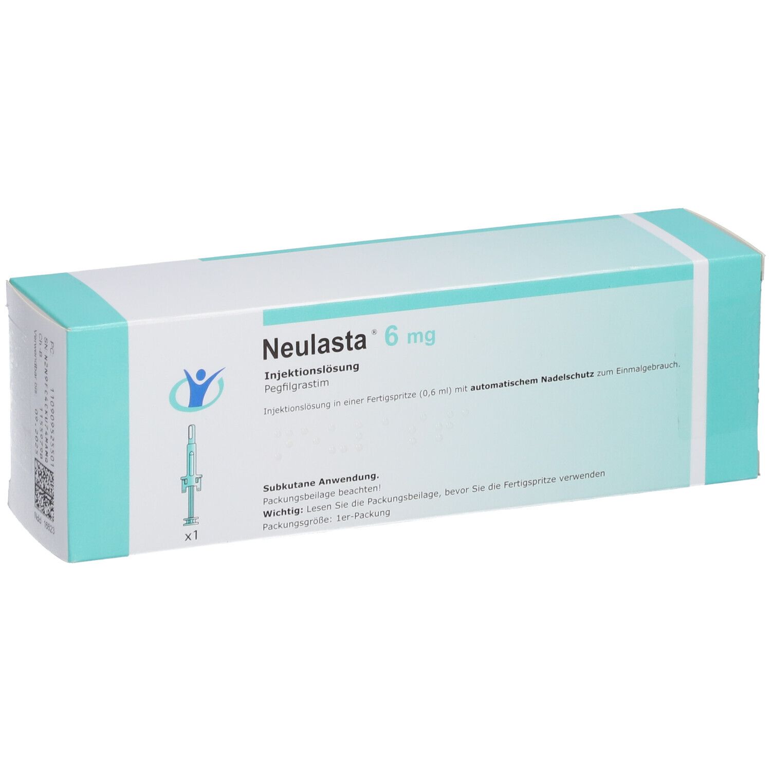 Karton von Neulasta 6 mg Injektionslösung. Enthält eine Fertigspritze mit Nadelschutz.