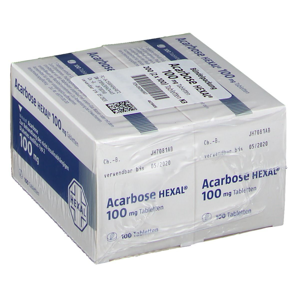 Verpackung mit Tabletten. Aufschrift: Acarbose HEXAL 100 mg Tabletten. 200 Tabletten. HEXAL Logo. Bündelpackung.
