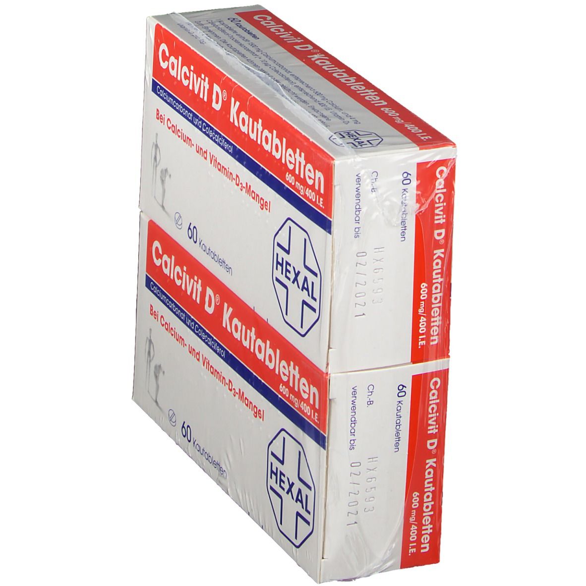 Zwei Packungen Calcivit D® Kautabletten, in Folie verpackt. Aufdruck: 600 mg/400 I.E., 60 Tabletten. Marke HEXAL. Weiße Verpackung.