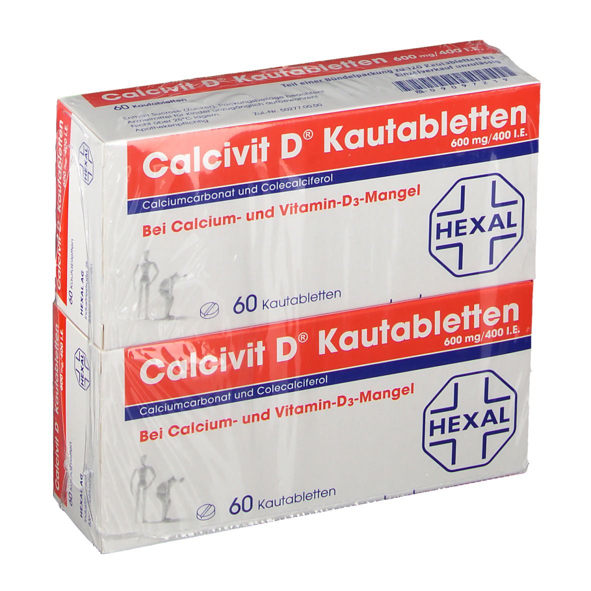 Zwei Packungen Calcivit D® Kautabletten. Aufdruck: 600 mg/400 I.E., 60 Tabletten. Marke HEXAL. Weiße Verpackung mit roter Schrift.