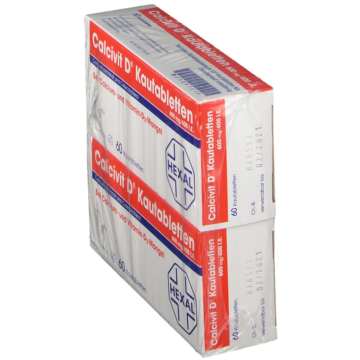 Zwei Packungen Calcivit D® Kautabletten, in Folie verpackt. Aufdruck: 600 mg/400 I.E., 60 Tabletten. Marke HEXAL. Weiße Verpackung.
