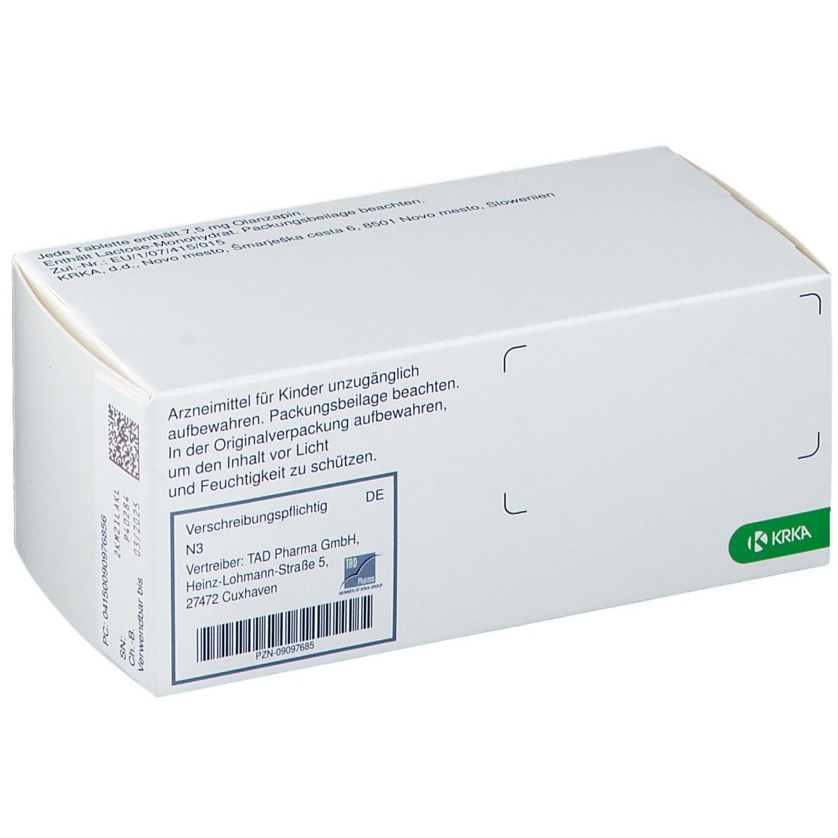 Rückseite der Zalasta 7,5 mg Tabletten-Packung. Text und Barcode. Krka-Logo. Weiß.