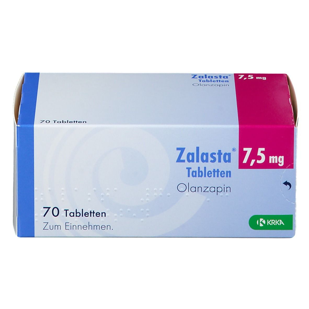 Zalasta 7,5 mg Tabletten-Packung. 70 Tabletten. Krka-Logo. Weiß, blau und pinkfarbene Verpackung.