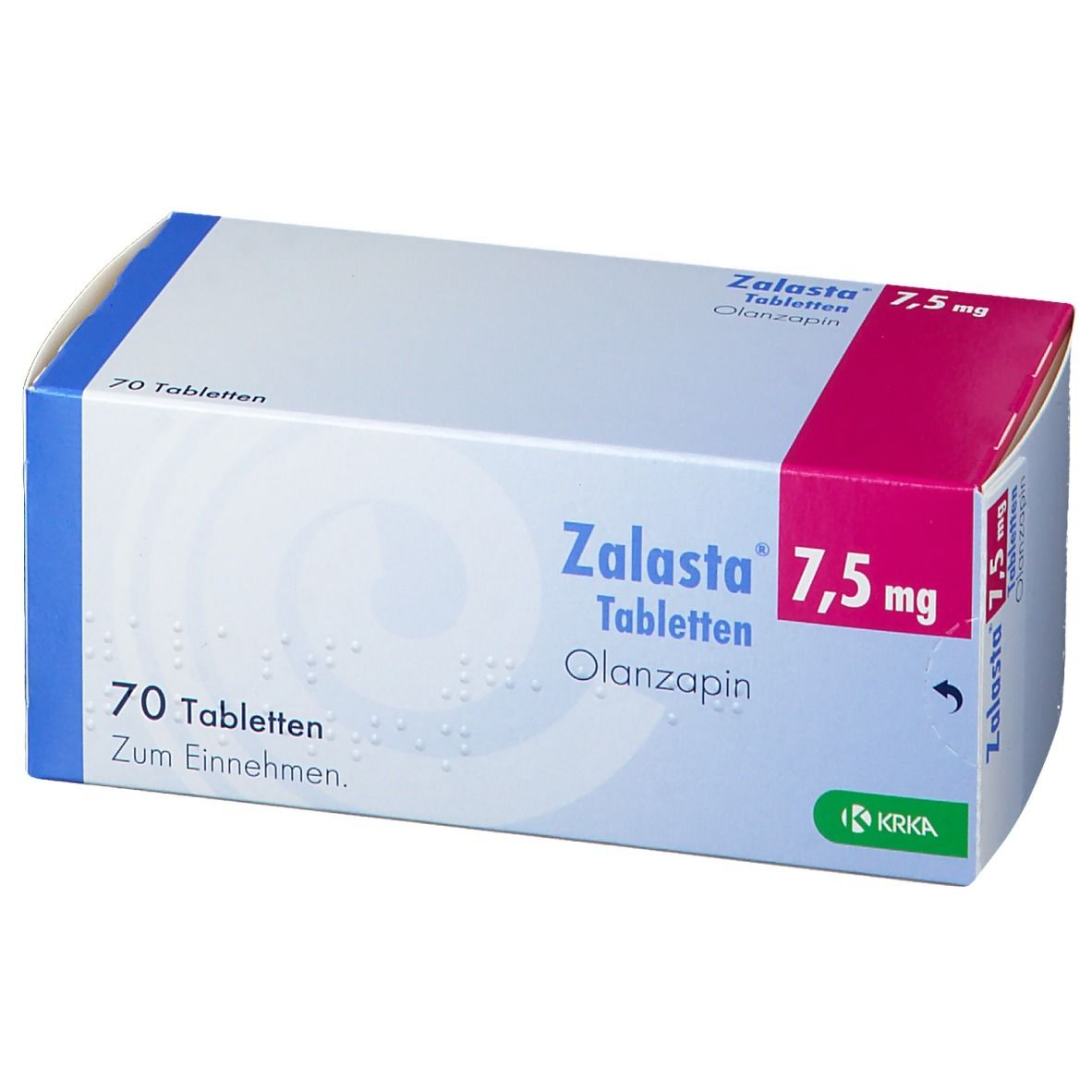 Zalasta 7,5 mg Tabletten-Packung. 70 Tabletten. Krka-Logo. Weiß, blau und pinkfarbene Verpackung.
