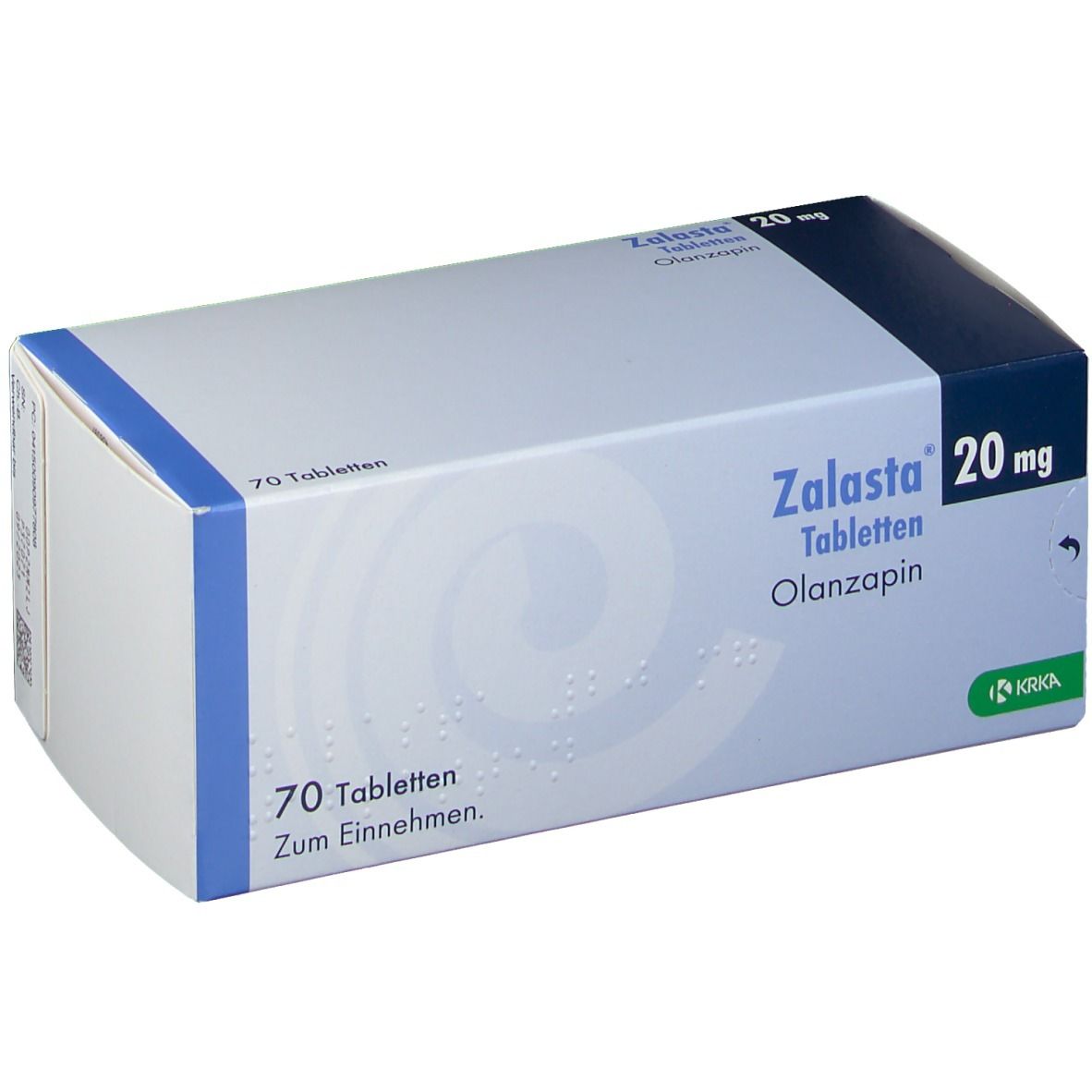 Zalasta 20 mg Tabletten-Packung. Enthält 70 Tabletten. Aufschrift: Olanzapin. Herstellerlogo.