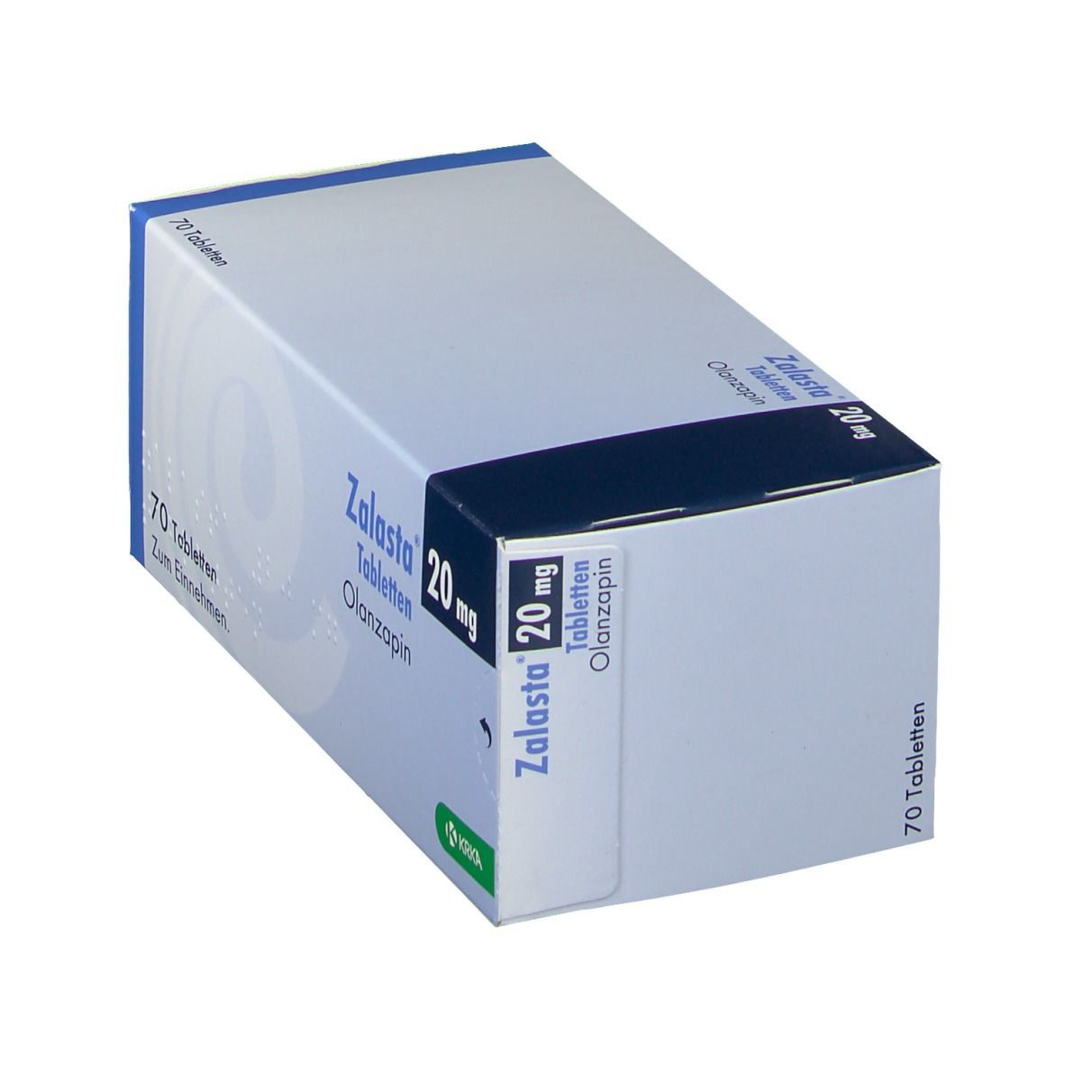 Zalasta 20 mg Tabletten-Packung. Enthält 70 Tabletten. Aufschrift: Olanzapin. Herstellerlogo.