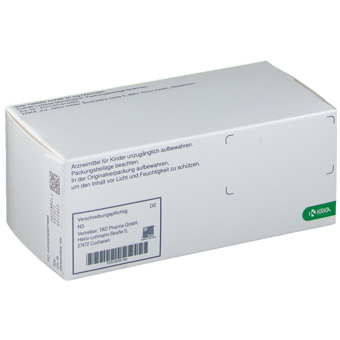 Rückseite der Zalasta 20 mg Tabletten-Packung. Enthält Informationen und Herstellerlogo.