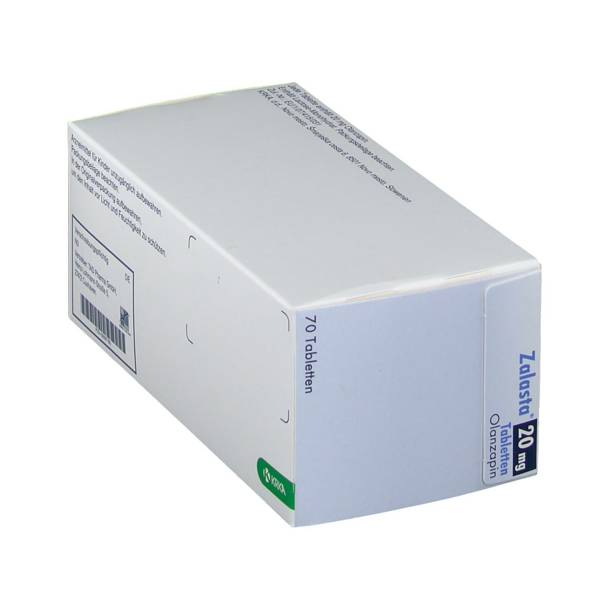Zalasta 20 mg Tabletten-Packung. Enthält 70 Tabletten. Aufschrift: Olanzapin. Herstellerlogo.