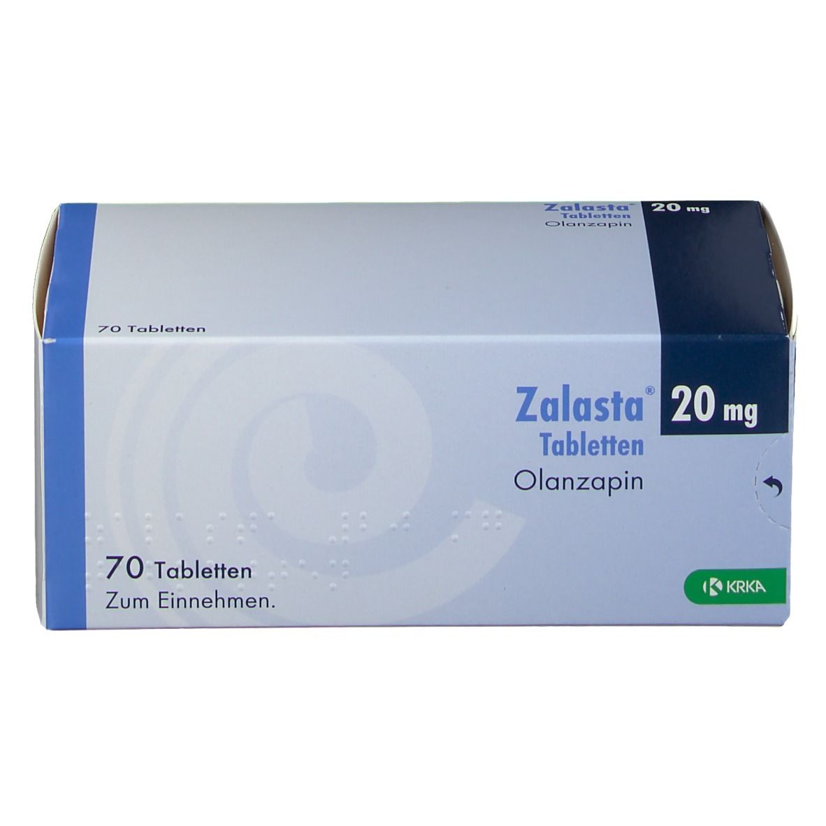 Zalasta 20 mg Tabletten-Packung. Enthält 70 Tabletten. Aufschrift: Olanzapin. Herstellerlogo.