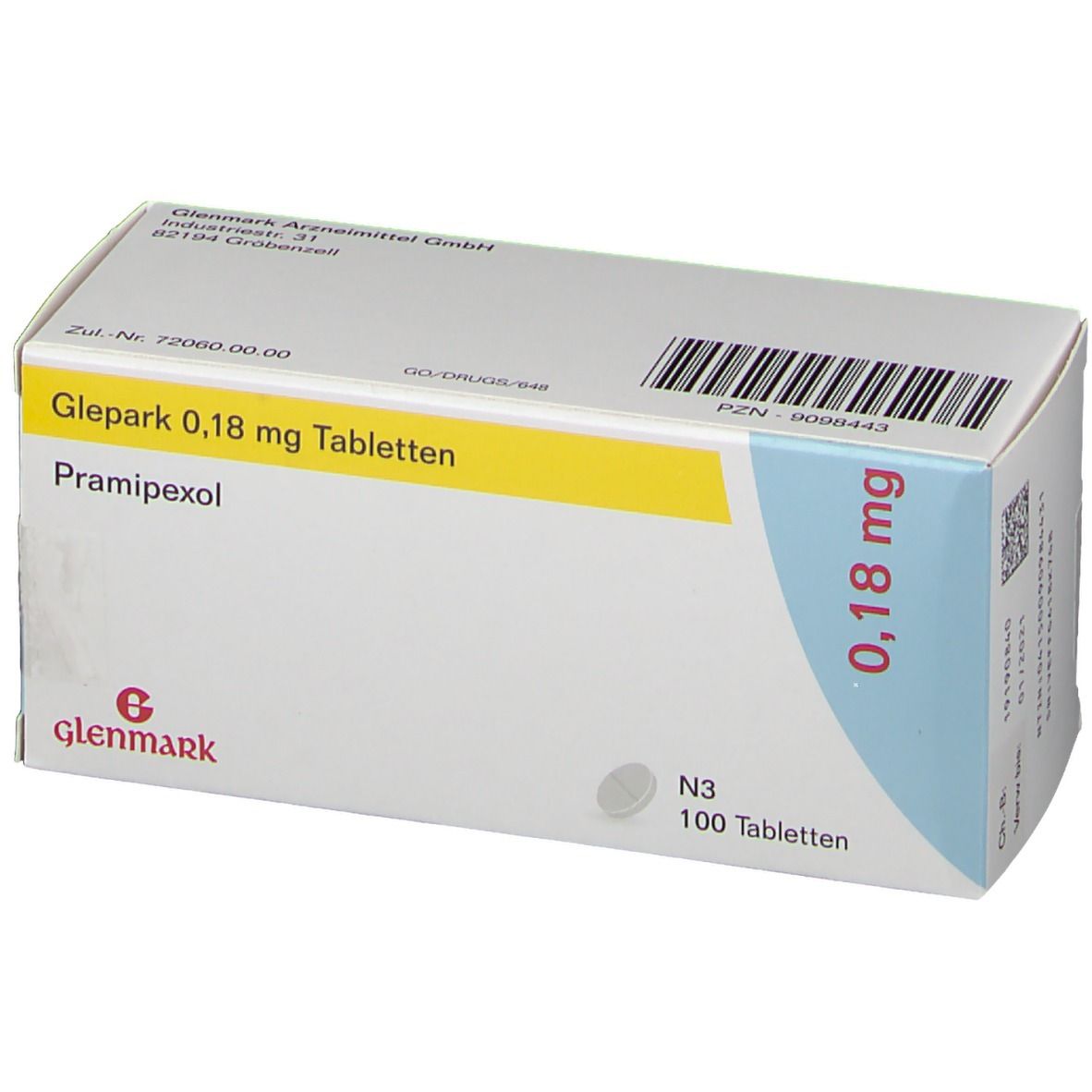 Schachtel Glepark 0,18 mg Tabletten. Gelbe und blaue Akzente. Glenmark-Logo. 100 Tabletten. Tablette.