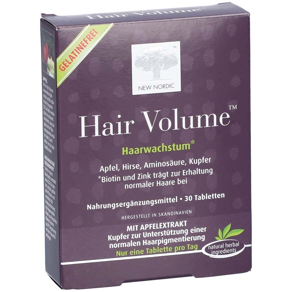 Dunkelviolette Schachtel mit "Hair Volume"-Logo. Enthält 30 Tabletten. Text: Apfel, Hirse, Aminosäure, Kupfer, Biotin, Zink.