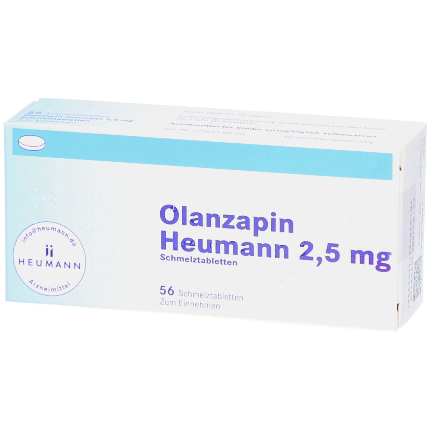 Schachtel mit OLANZAPIN HEUMANN 2,5 mg Schmelztabletten. 56 Tabletten. Blau-weiße Verpackung mit Logo und Produktinformationen.