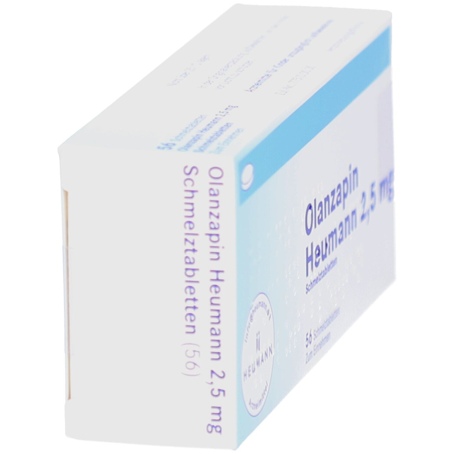 Schachtel OLANZAPIN HEUMANN 2,5 mg, Seitenansicht. Blau-weiße Verpackung mit Produktnamen und Informationen.