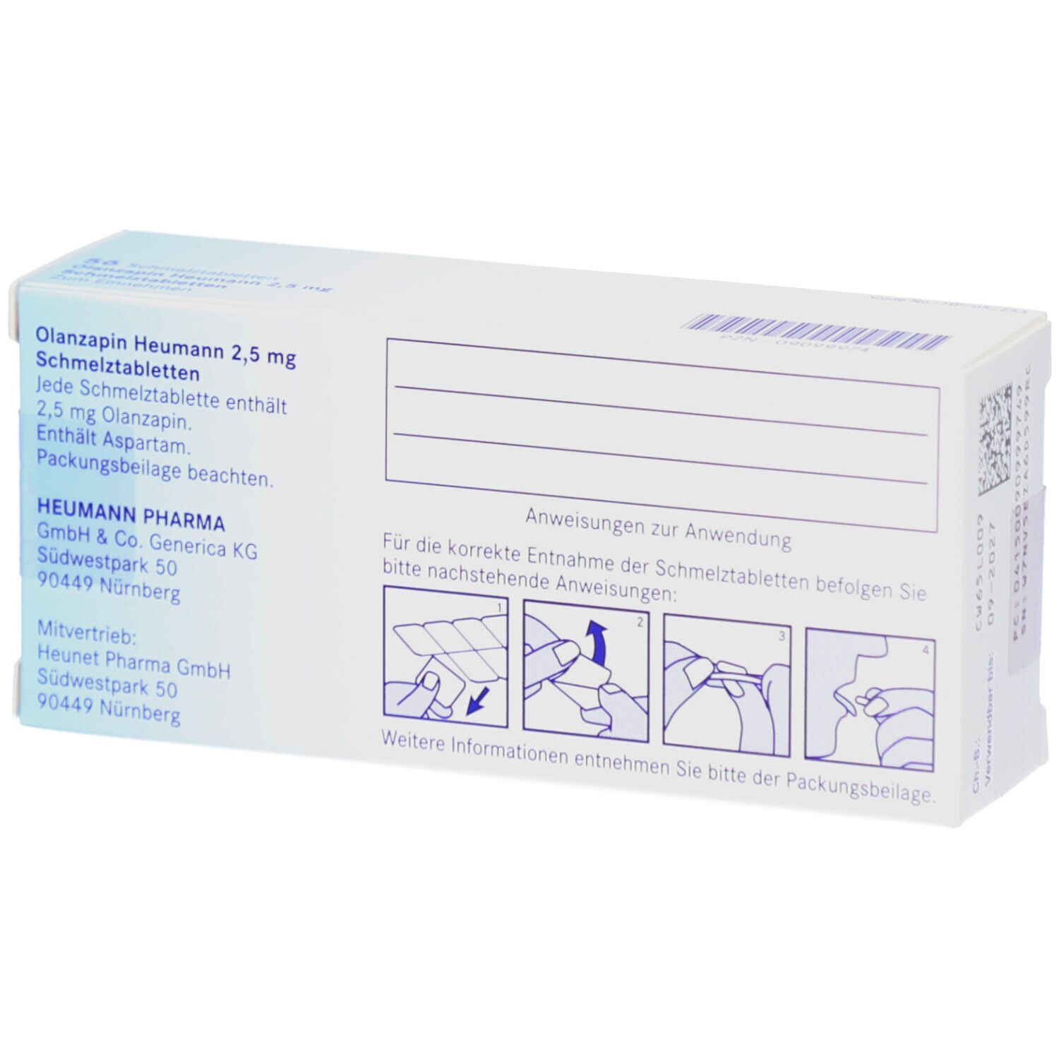 Rückseite der Schachtel OLANZAPIN HEUMANN 2,5 mg. Enthält Informationen zur Anwendung und Inhaltsstoffe.