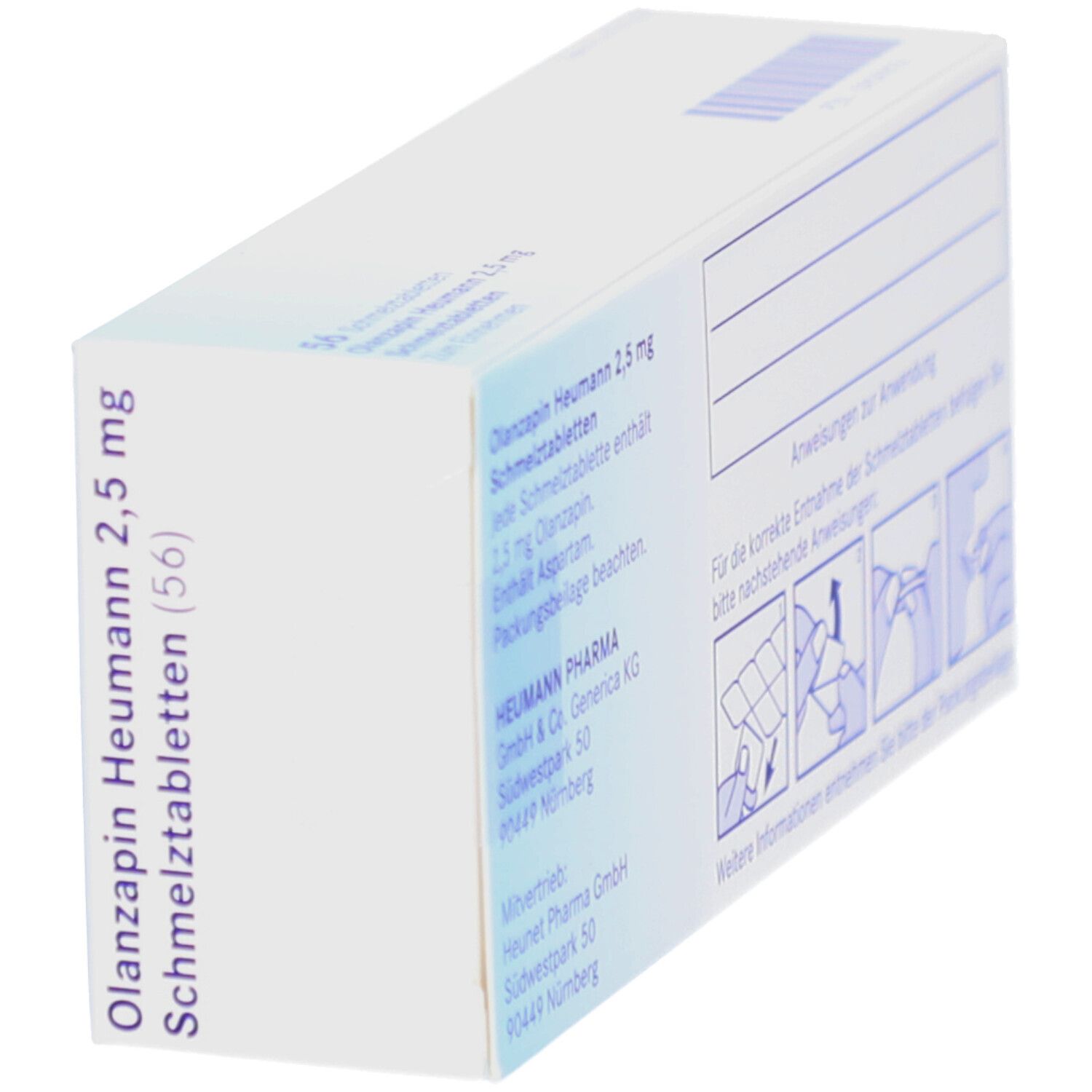 Schachtel OLANZAPIN HEUMANN 2,5 mg, Seitenansicht. Verpackung mit Produktnamen und Informationen.