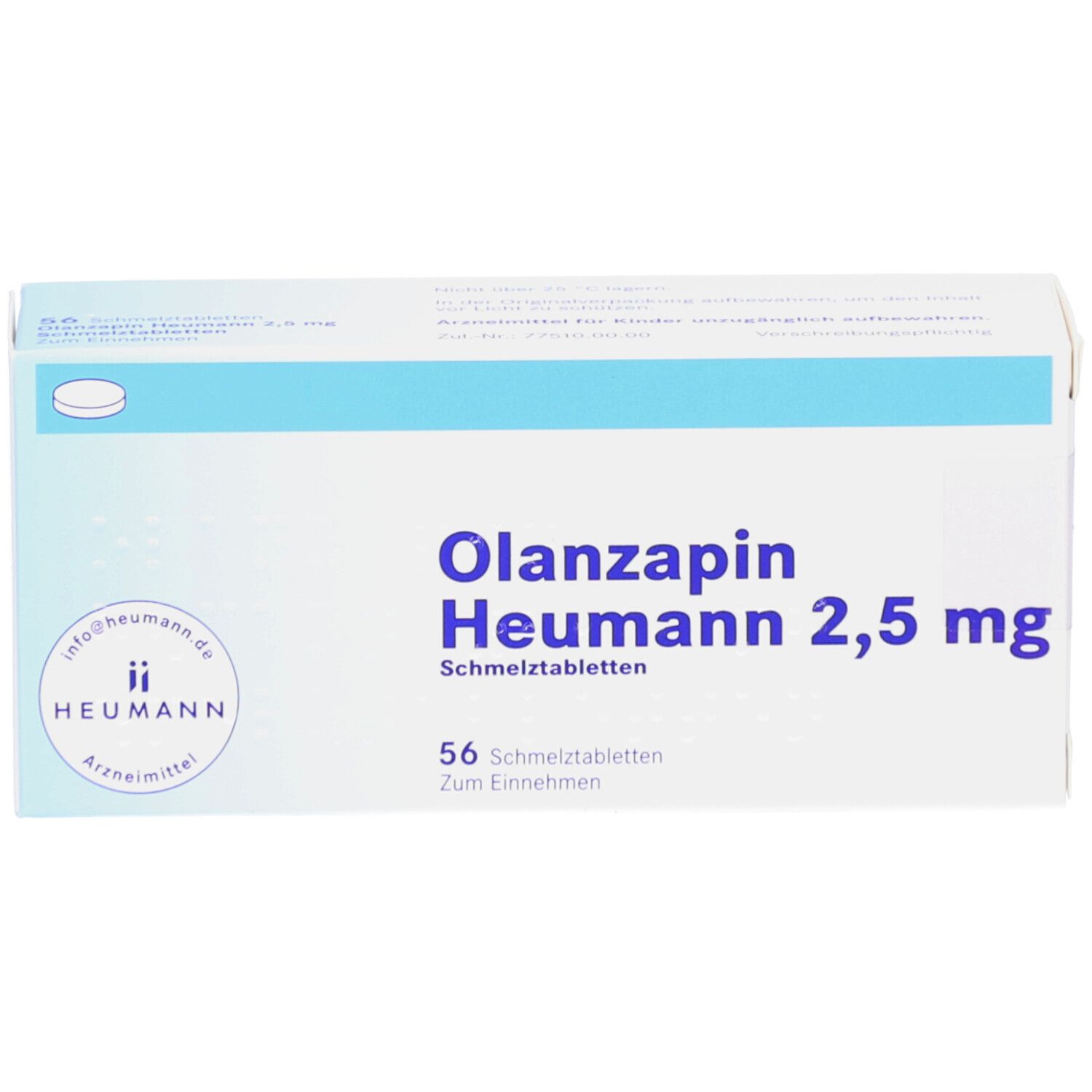 Schachtel OLANZAPIN HEUMANN 2,5 mg, Vorderansicht. Blau-weiße Verpackung mit Produktnamen und Informationen.