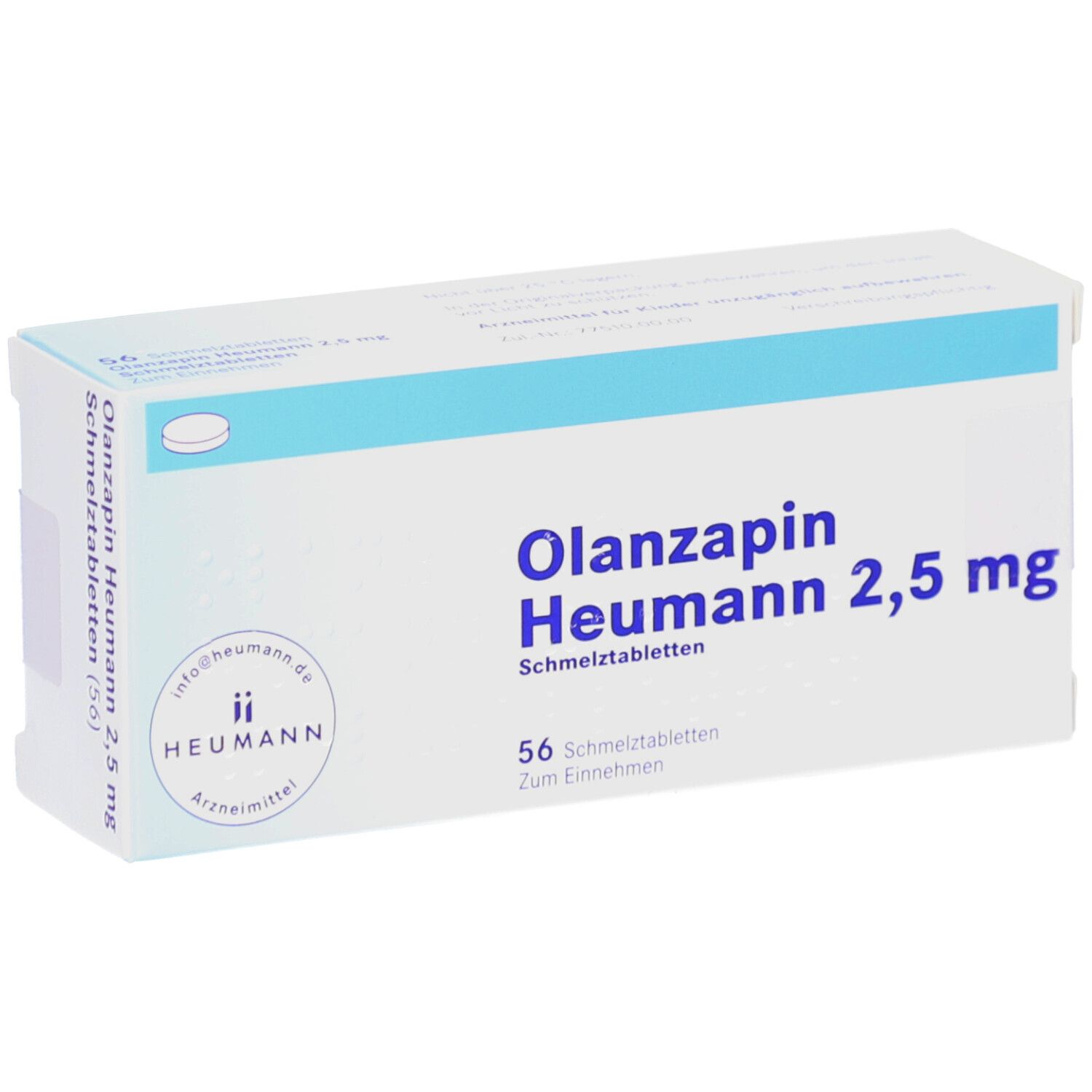 Schachtel OLANZAPIN HEUMANN 2,5 mg, leicht schräg. Blau-weiße Verpackung mit Produktnamen und Informationen.