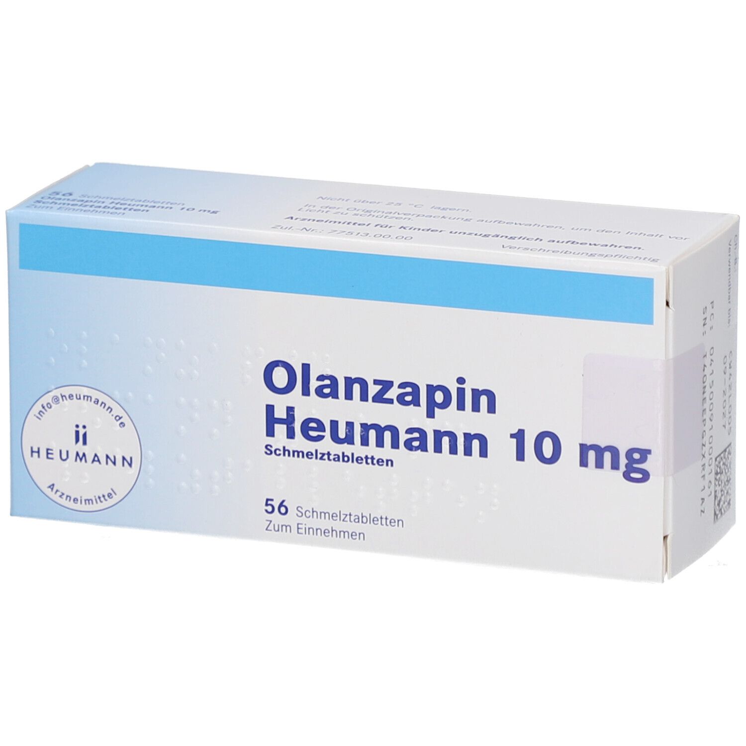 Schachtel mit OLANZAPIN Heumann 10 mg Schmelztabletten. Blaue und weiße Verpackung. 56 Tabletten. Heumann Logo.