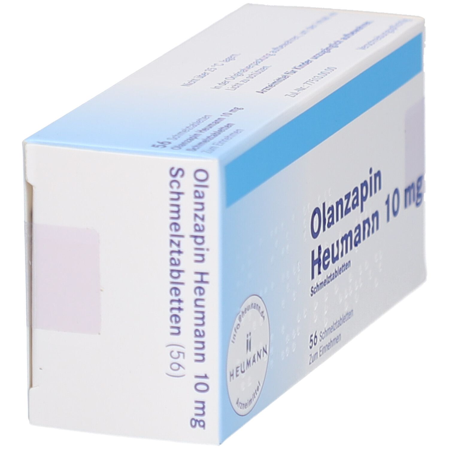 Schachtel OLANZAPIN Heumann 10 mg Schmelztabletten. Blaue und weiße Verpackung. 56 Tabletten. Heumann Logo. Seitenansicht.