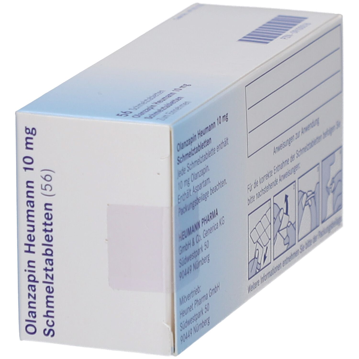 Schachtel OLANZAPIN Heumann 10 mg Schmelztabletten. Seitenansicht mit Text. 56 Tabletten. Heumann Pharma Logo.