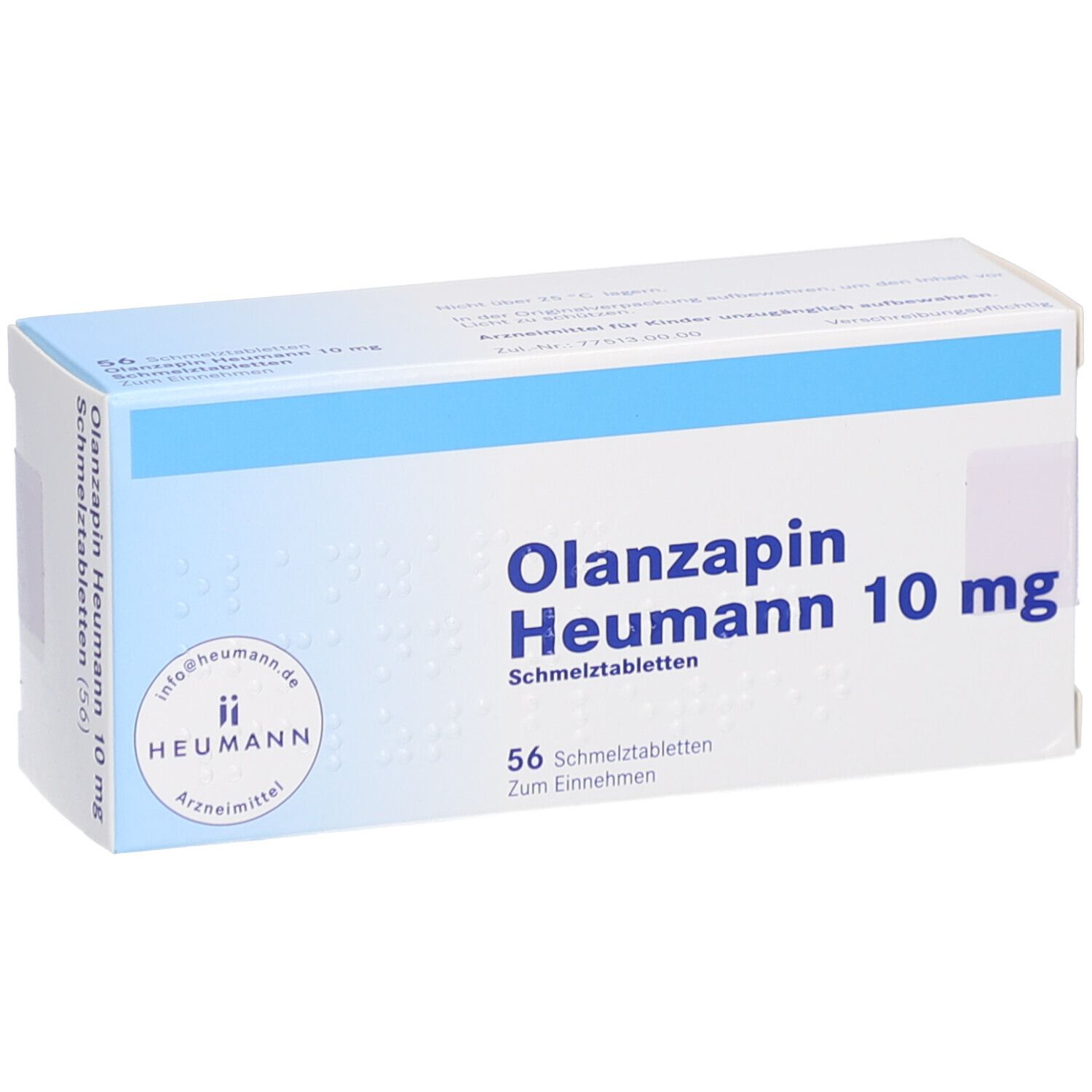 Schachtel OLANZAPIN Heumann 10 mg Schmelztabletten. Blaue und weiße Verpackung. 56 Tabletten. Heumann Logo.