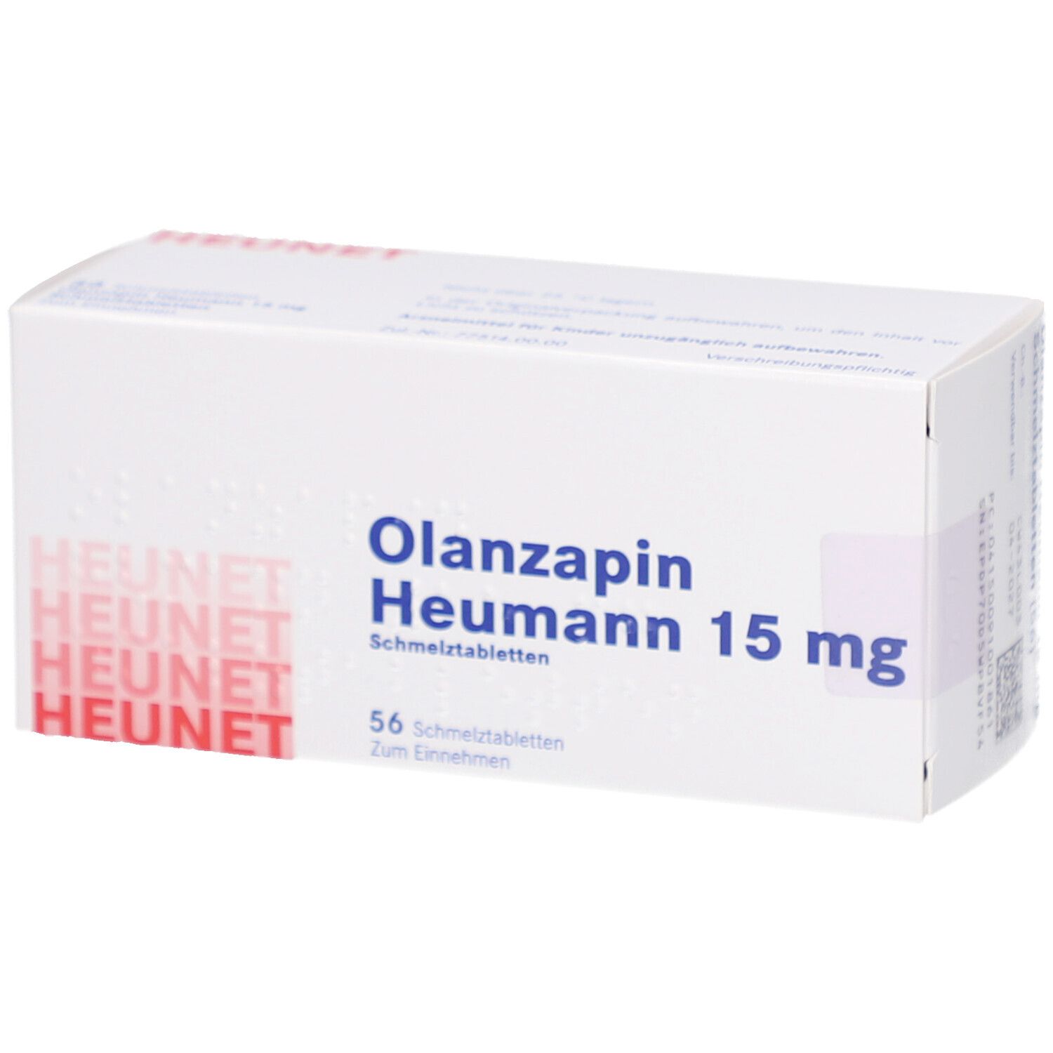 Weiße rechteckige Faltschachtel. Aufschrift: Olanzapin Heumann 15 mg, 56 Schmelztabletten. Marke: HEUNET.