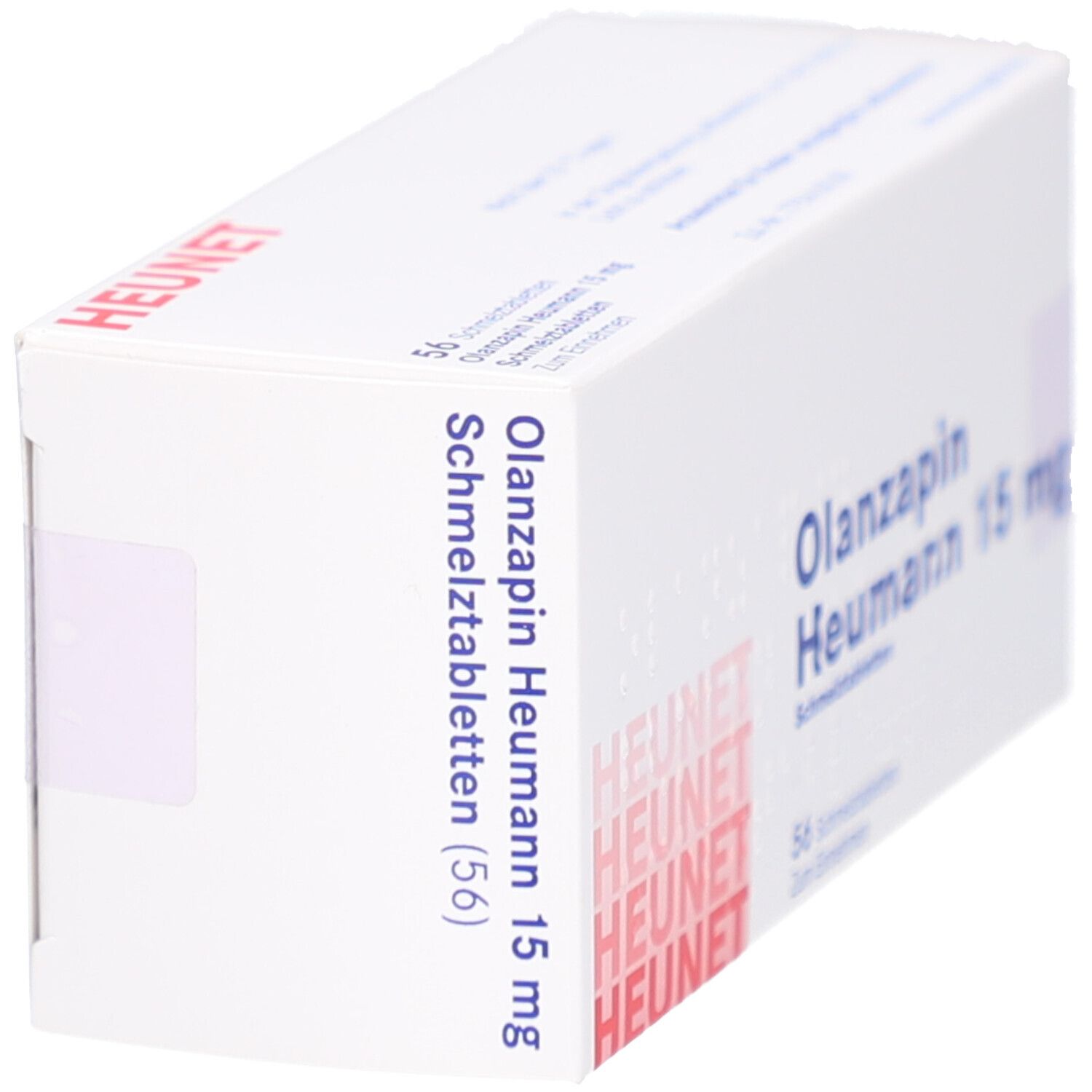 Weiße Faltschachtel. Aufschrift: Olanzapin Heumann 15 mg Schmelztabletten (56). Marke: HEUNET. Seitenansicht.