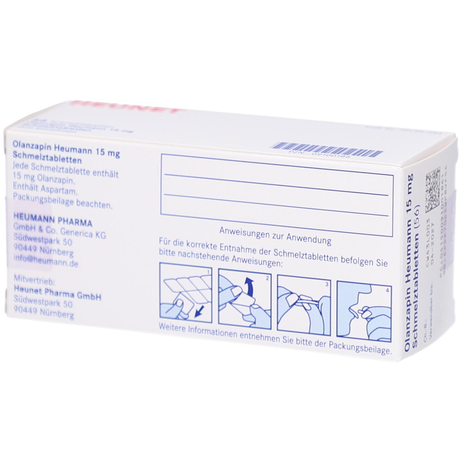 Weiße Faltschachtel. Aufschrift: Olanzapin Heumann 15 mg Schmelztabletten (56). Rückseite mit Anweisungen. Marke: HEUNET.