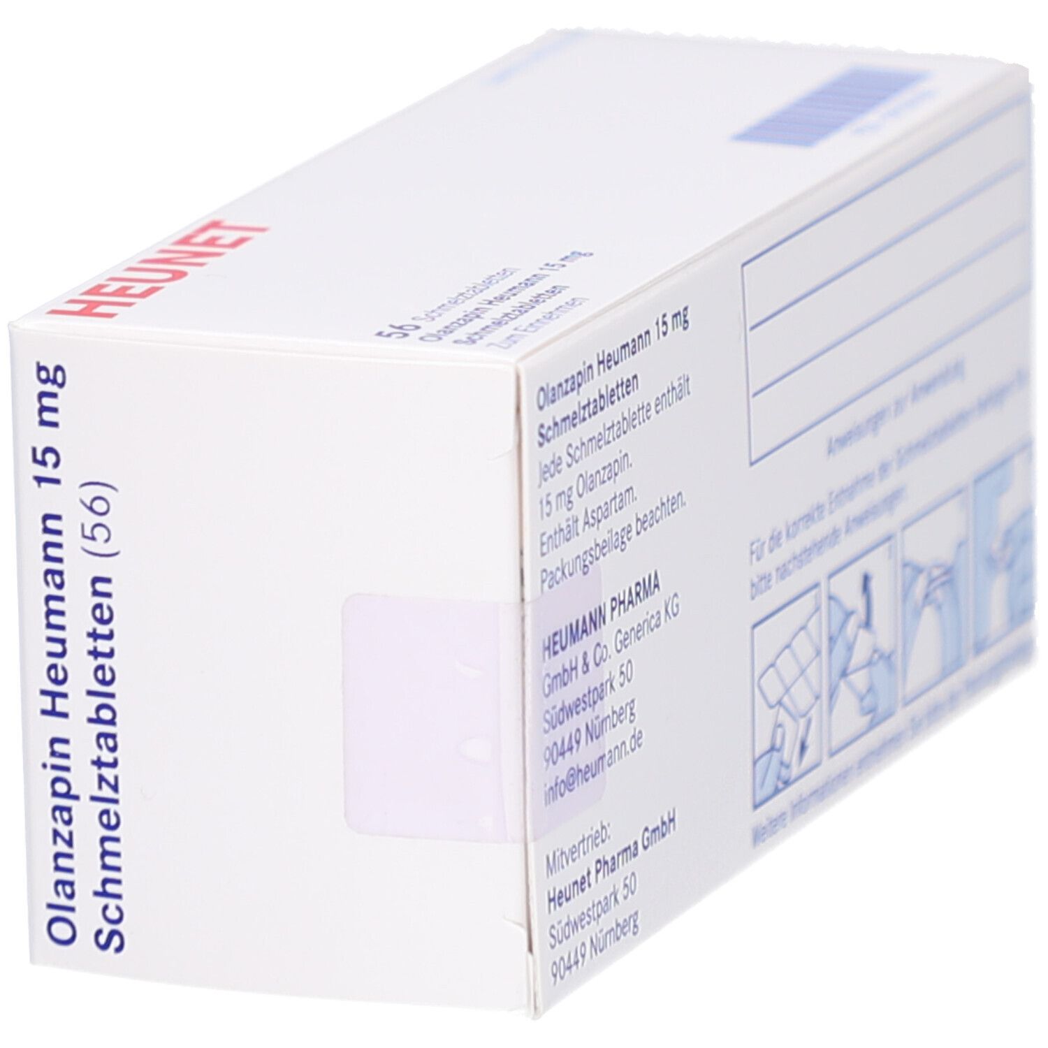 Weiße Faltschachtel. Aufschrift: Olanzapin Heumann 15 mg Schmelztabletten (56). Seitenansicht mit Text. Marke: HEUNET.