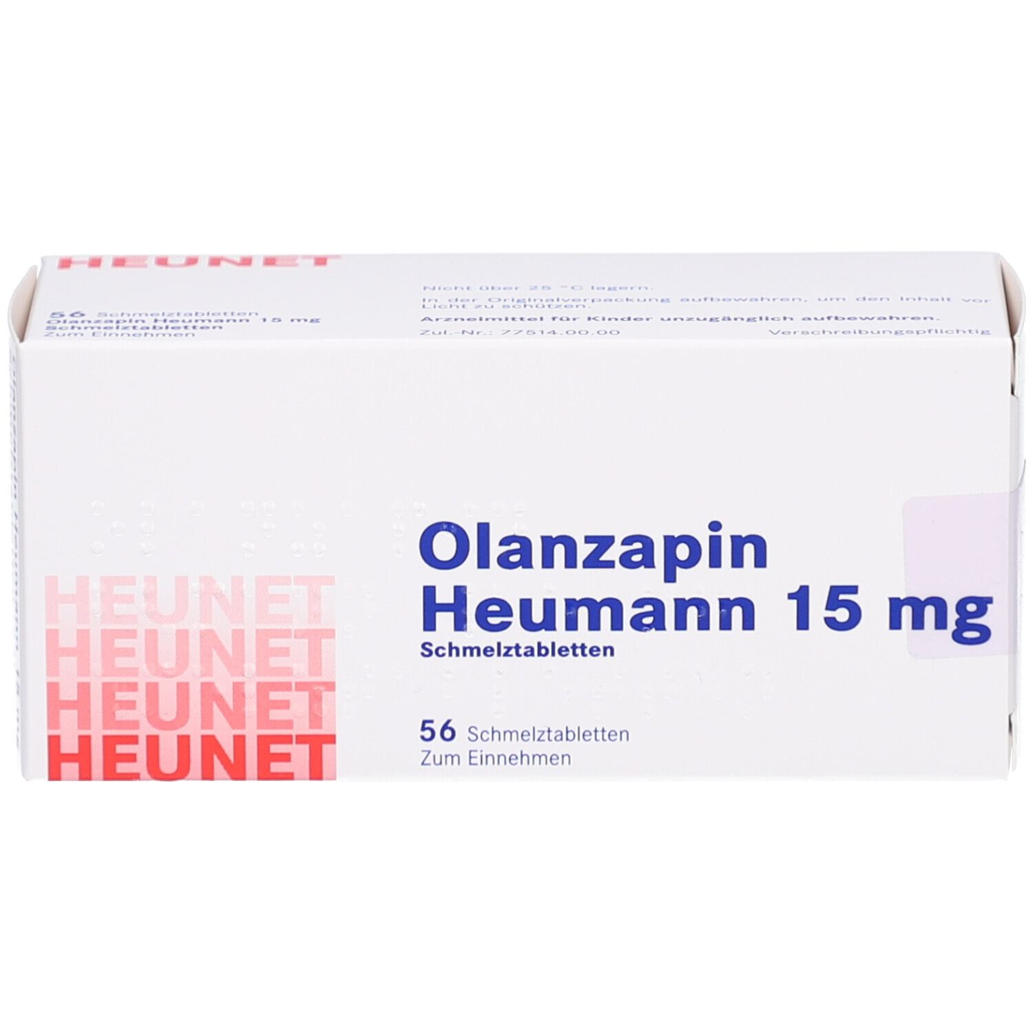 Weiße rechteckige Faltschachtel. Aufschrift: Olanzapin Heumann 15 mg, 56 Schmelztabletten. Marke: HEUNET.