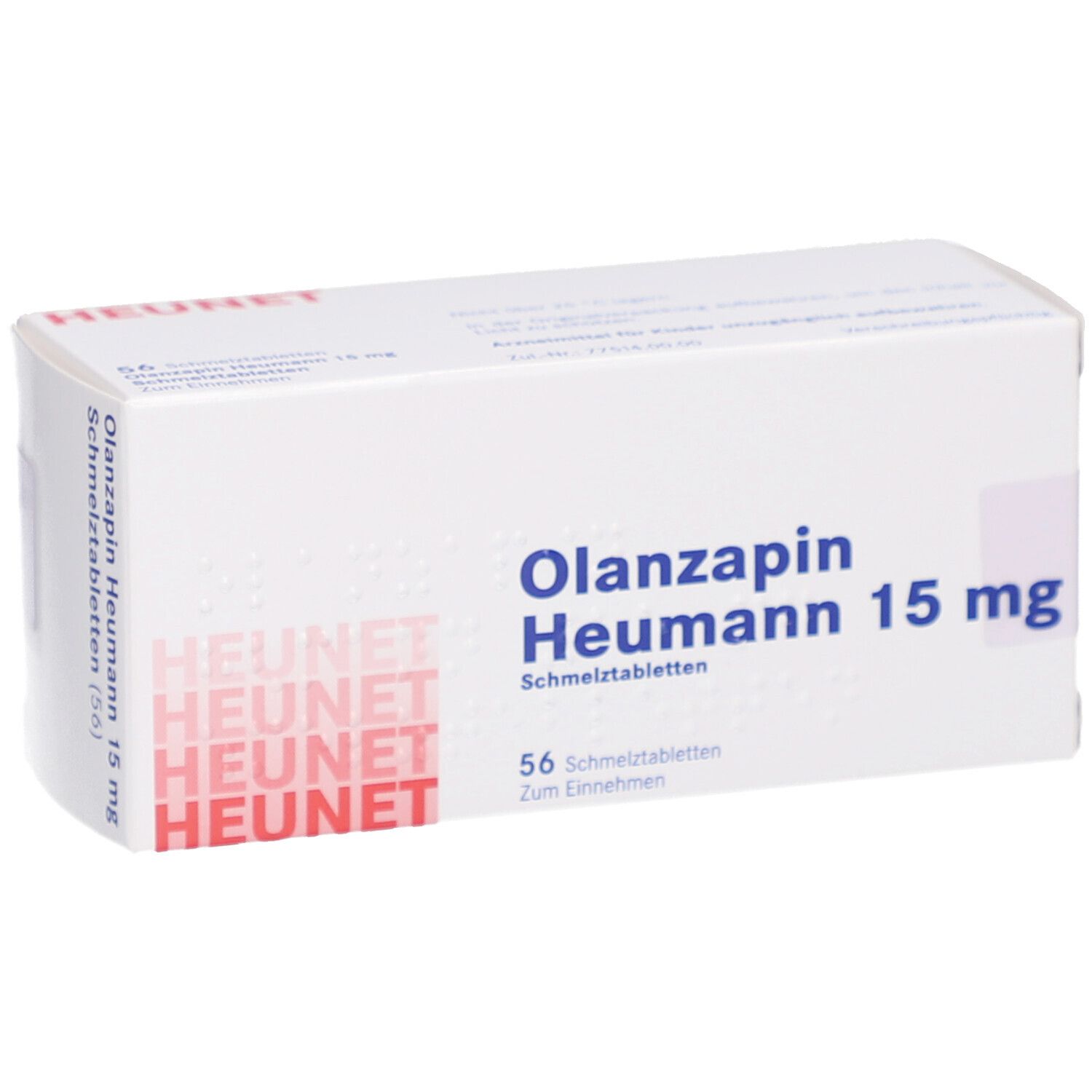Weiße Faltschachtel. Aufschrift: Olanzapin Heumann 15 mg, 56 Schmelztabletten. Marke: HEUNET. Schräge Ansicht.