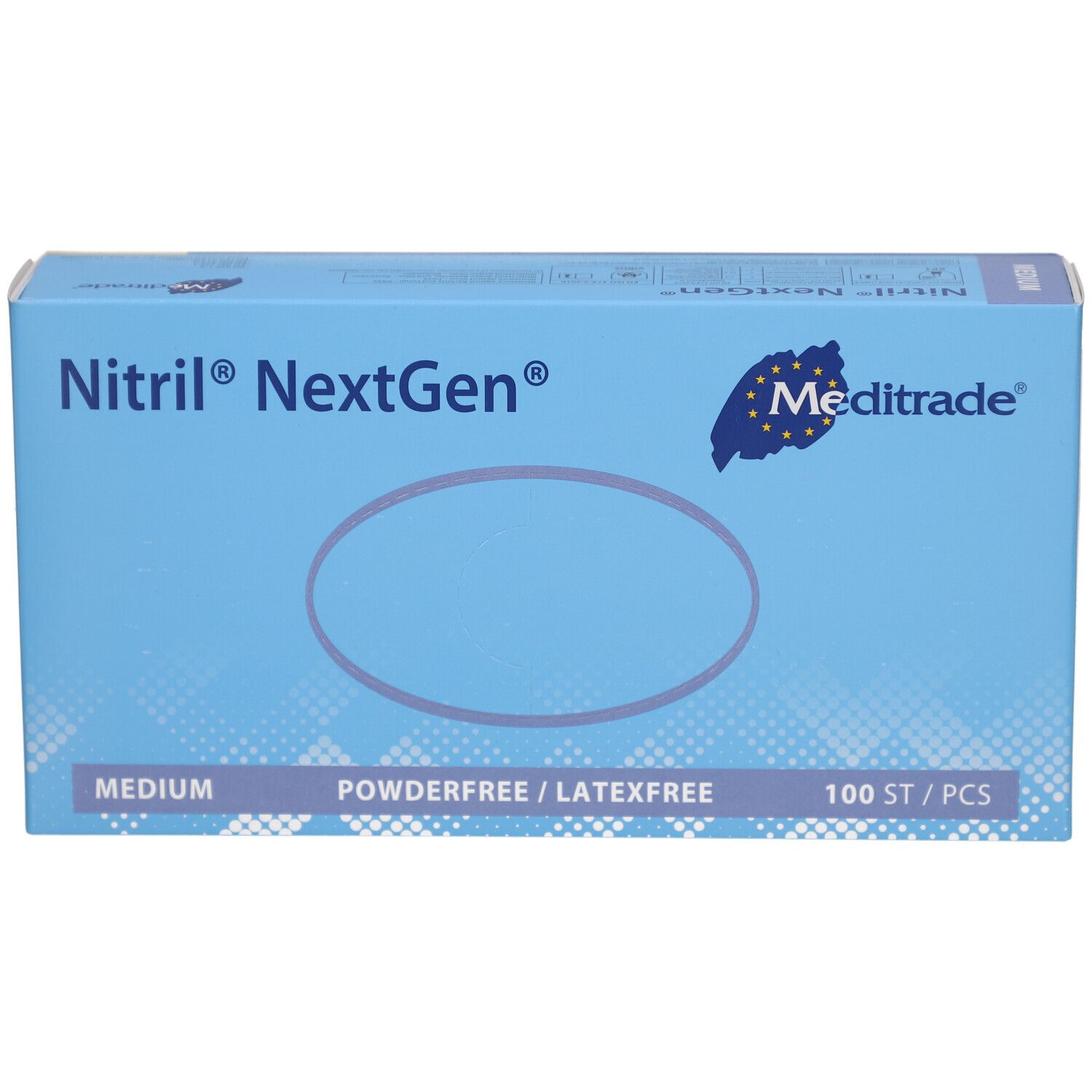 Blaue Kartonverpackung mit Produktnamen und Logo. Enthält 100 Stück. Medium Größe. Pulverfrei und latexfrei.