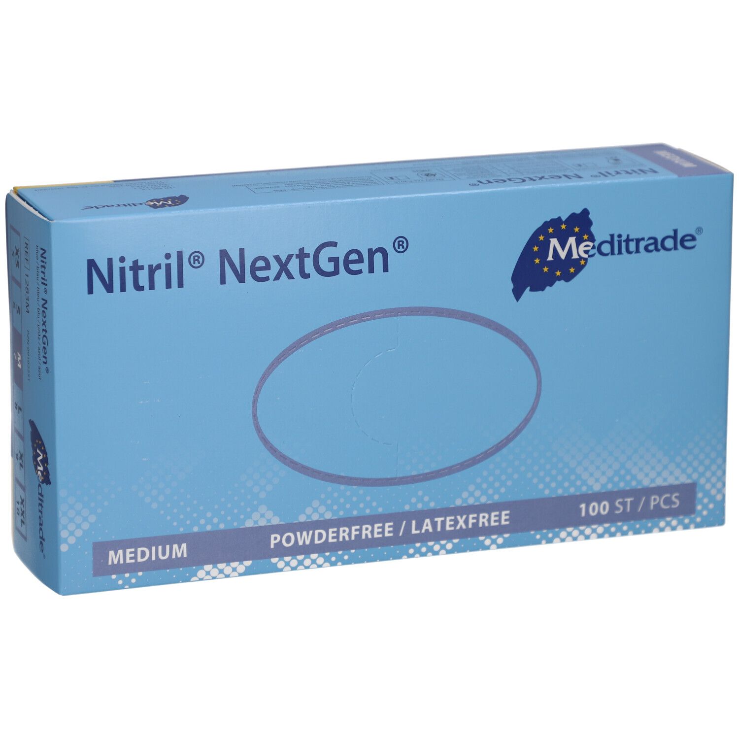 Blaue Kartonverpackung mit Produktnamen und Logo. Enthält 100 Stück. Medium Größe. Pulverfrei und latexfrei.