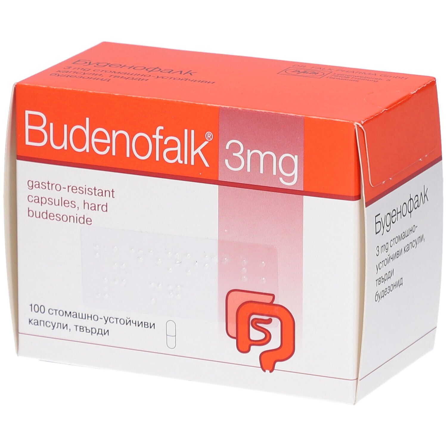 Verpackung von Budenofalk 3 mg. Orange-weiße Schachtel mit Produktnamen und Informationen. Enthält Kapseln.