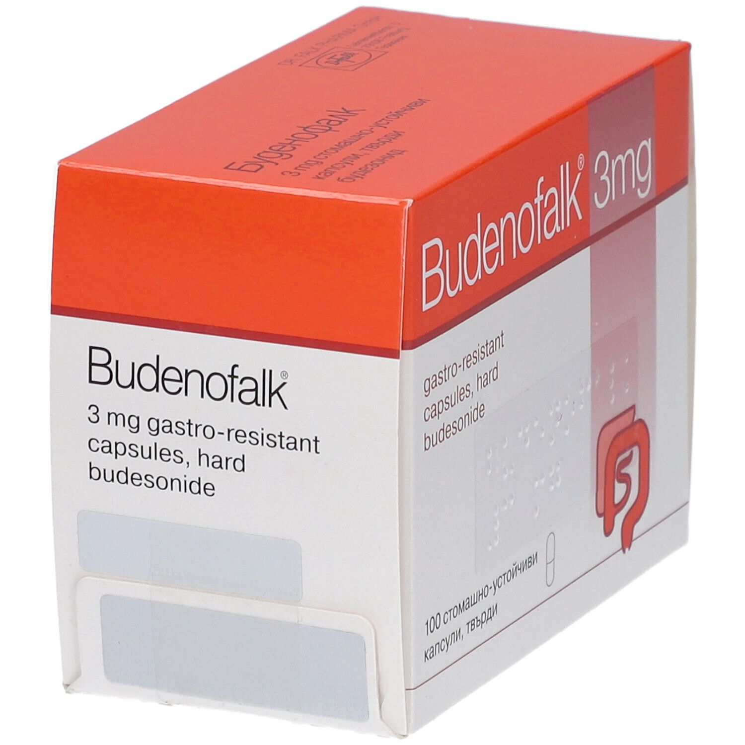 Budenofalk 3 mg Packung, orange-weiß. Produktname und Informationen auf der Schachtel. Enthält Kapseln.