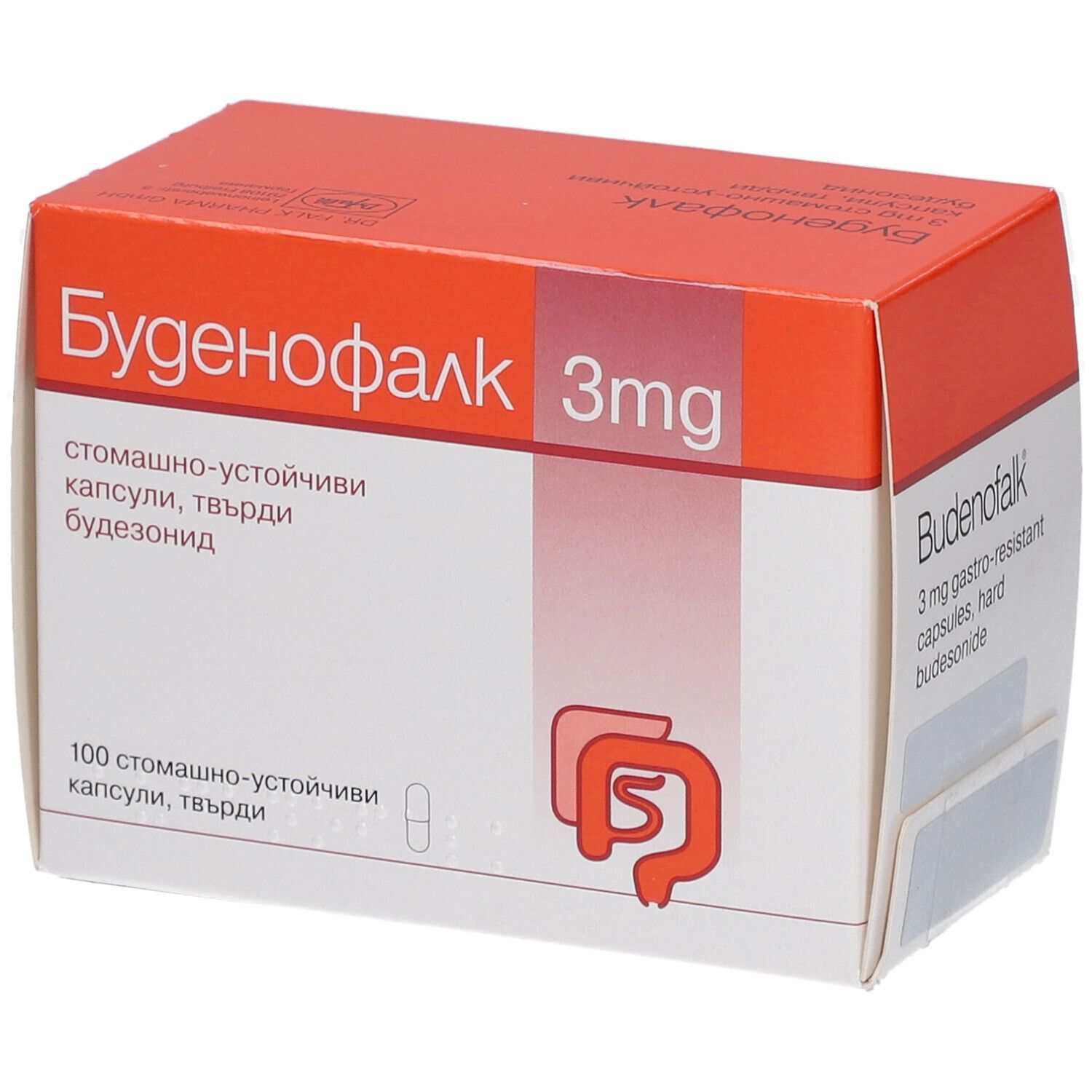 Budenofalk 3 mg Packung, orange-weiß. Produktname und Informationen auf der Schachtel. Enthält Kapseln.