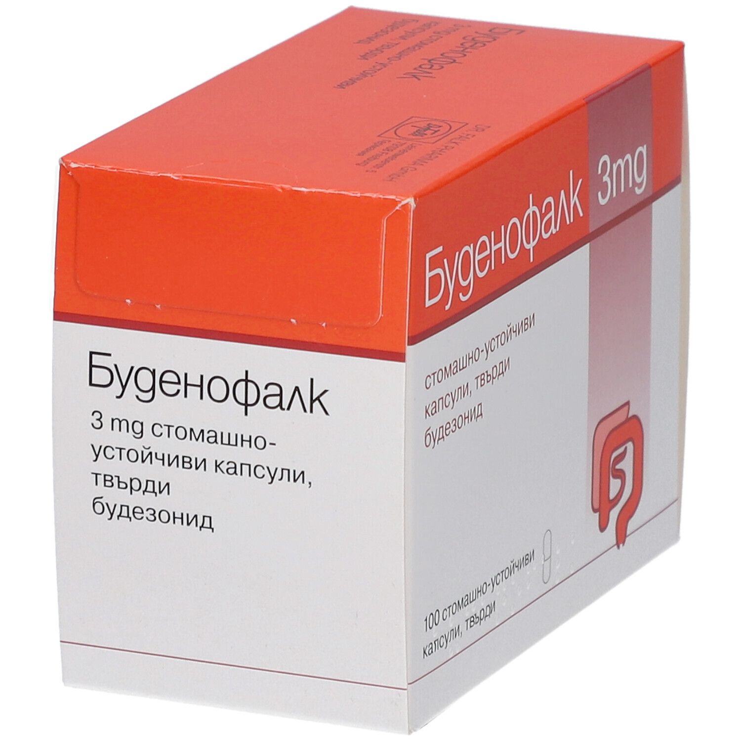 Budenofalk 3 mg Packung, orange-weiß. Produktname und Informationen auf der Schachtel. Enthält Kapseln.