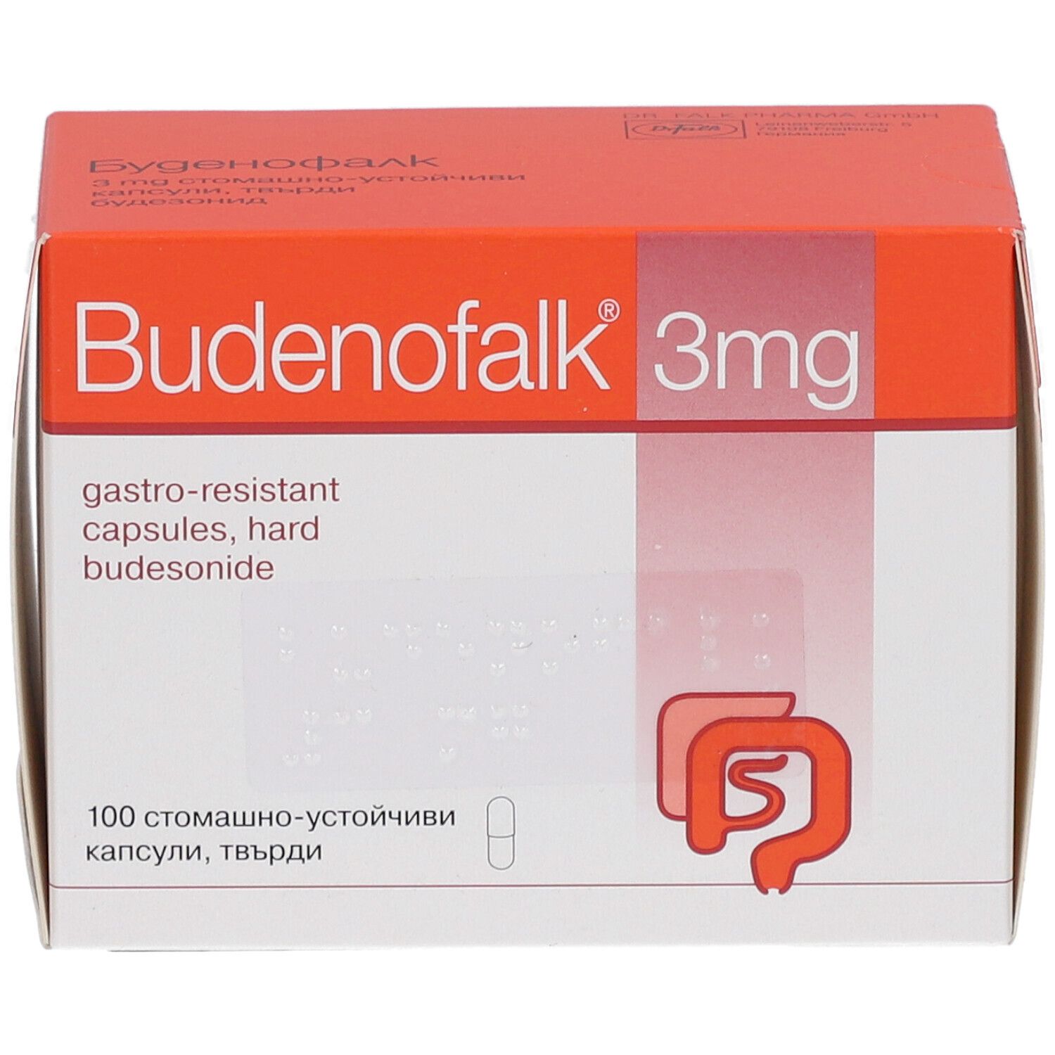 Budenofalk 3 mg Packung, orange-weiß. Produktname und Informationen auf der Schachtel. Enthält Kapseln.