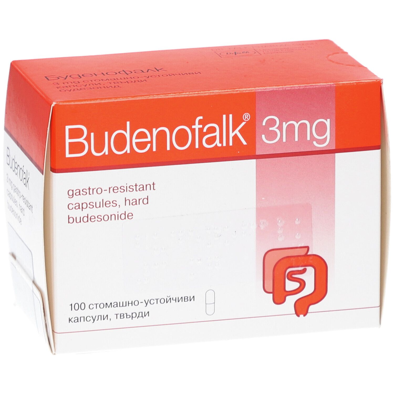 Budenofalk 3 mg Packung, orange-weiß. Produktname und Informationen auf der Schachtel. Enthält Kapseln.