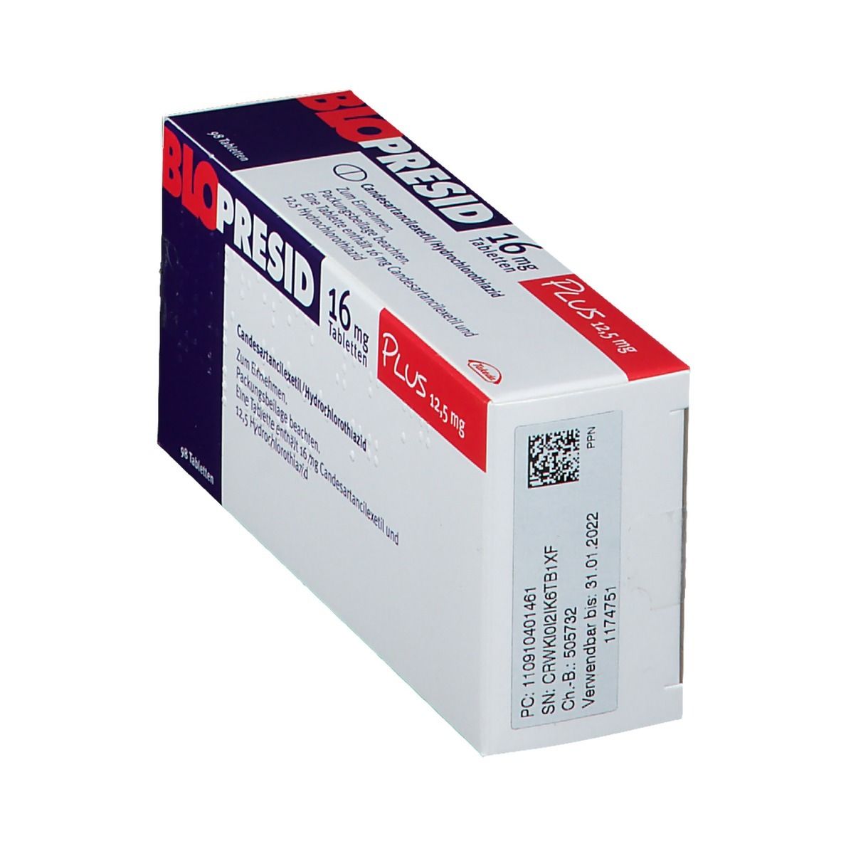 Blopresid 16 mg Plus 12,5 mg Tabletten-Packung. Weiß-blaue Schachtel mit roter Schrift. Produktname und Dosierung deutlich sichtbar.