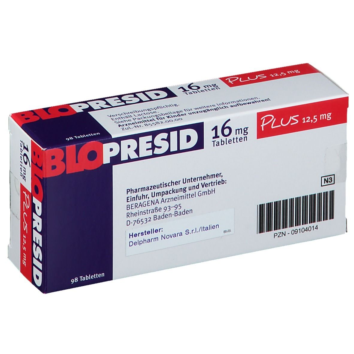 Blopresid 16 mg Plus 12,5 mg Tabletten-Packung. Weiße Schachtel mit roter und blauer Schrift. Produktname und Dosierung deutlich sichtbar.