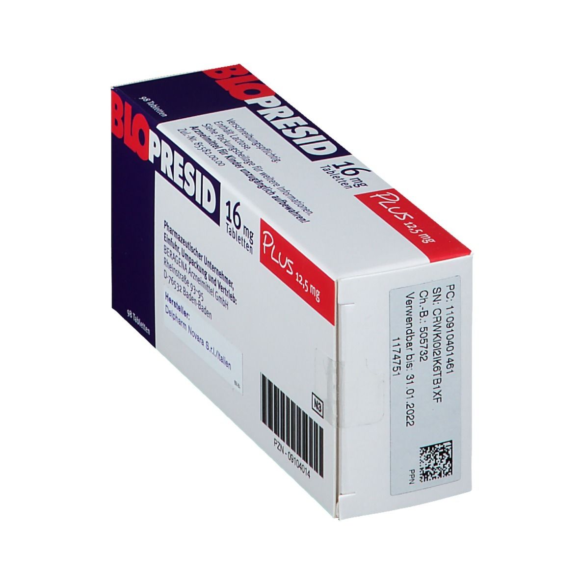 Blopresid 16 mg Plus 12,5 mg Tabletten-Packung. Weiße Schachtel mit roter und blauer Schrift. Produktname und Dosierung deutlich sichtbar.