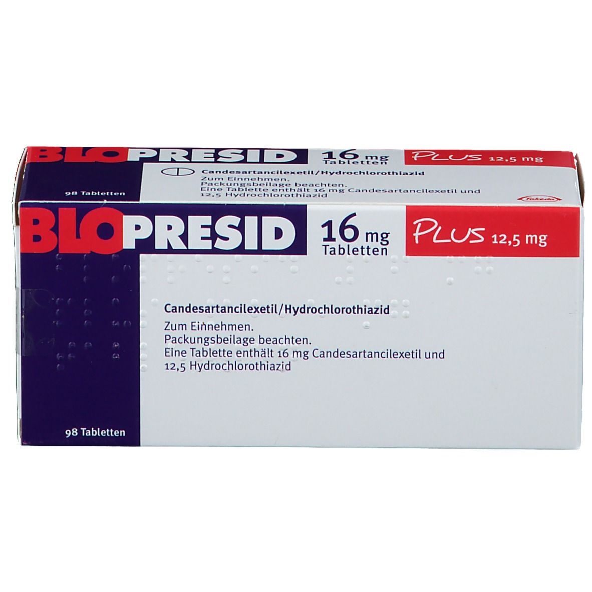 Blopresid 16 mg Plus 12,5 mg Tabletten-Packung. Weiße Schachtel mit roter und blauer Schrift. Produktname und Dosierung deutlich sichtbar.