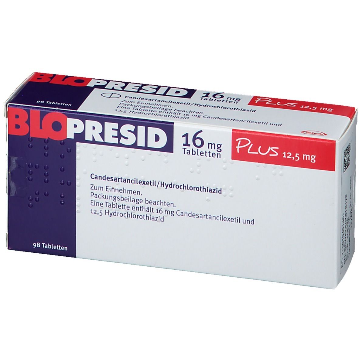 Blopresid 16 mg Plus 12,5 mg Tabletten-Packung. Weiße Schachtel mit roter und blauer Schrift. Produktname und Dosierung deutlich sichtbar.
