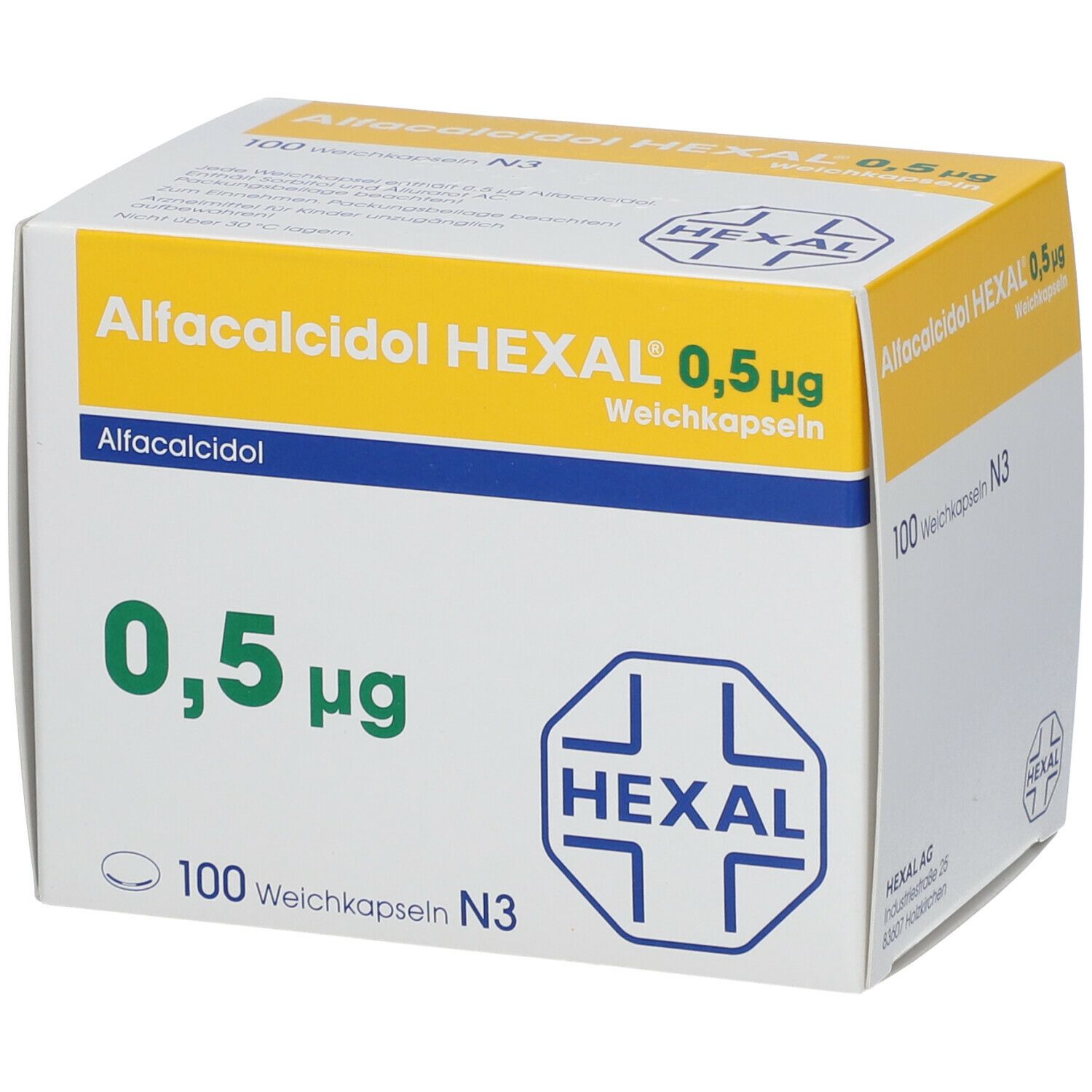 Weichkapseln-Packung. Aufschrift: Alfacalcidol HEXAL 0,5 µg. 100 Weichkapseln. HEXAL-Logo. Gelb-weiße Verpackung.