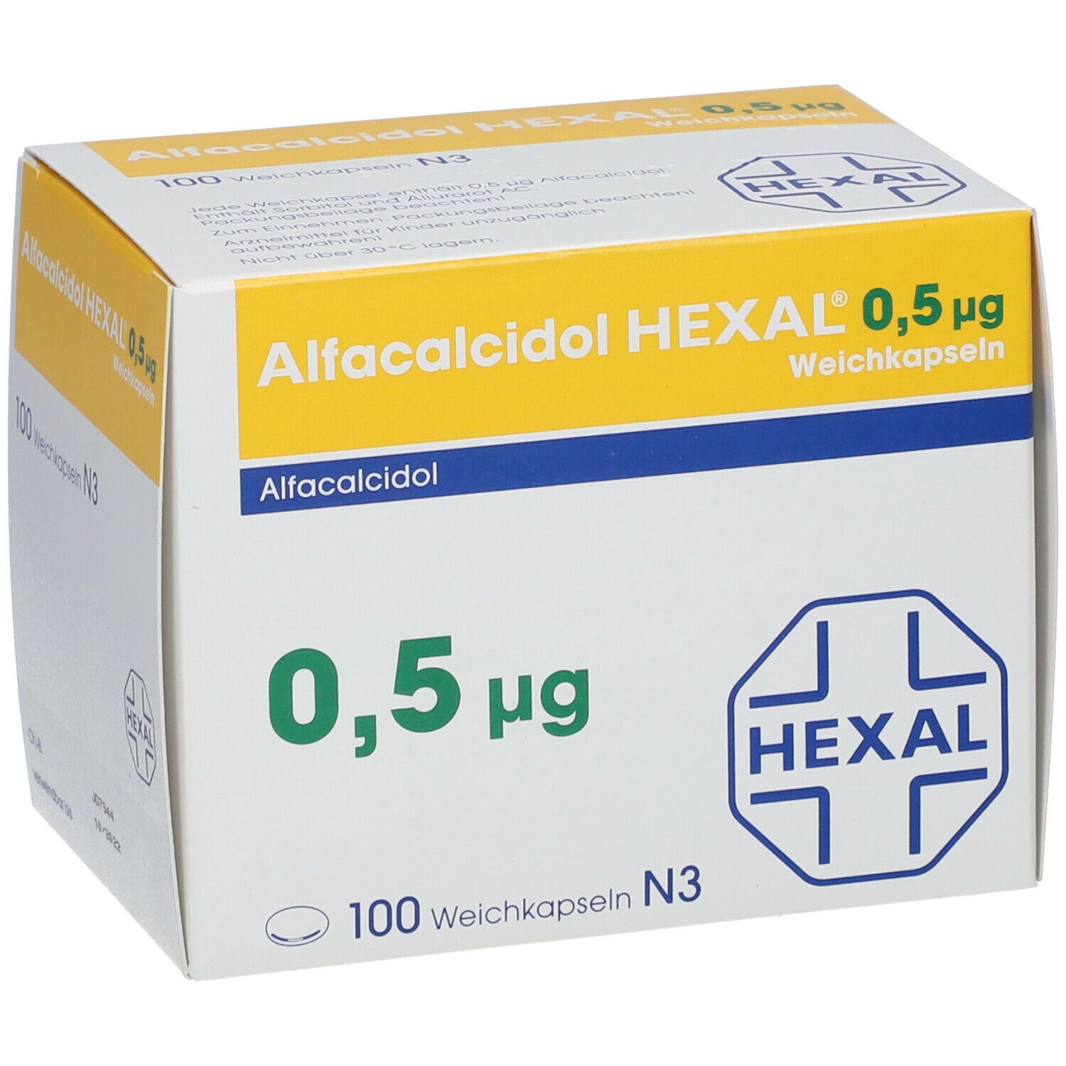 Packung Alfacalcidol HEXAL 0,5 µg. 100 Weichkapseln. HEXAL-Logo. Gelb-weiße Verpackung. Aufschrift: 0,5 µg.