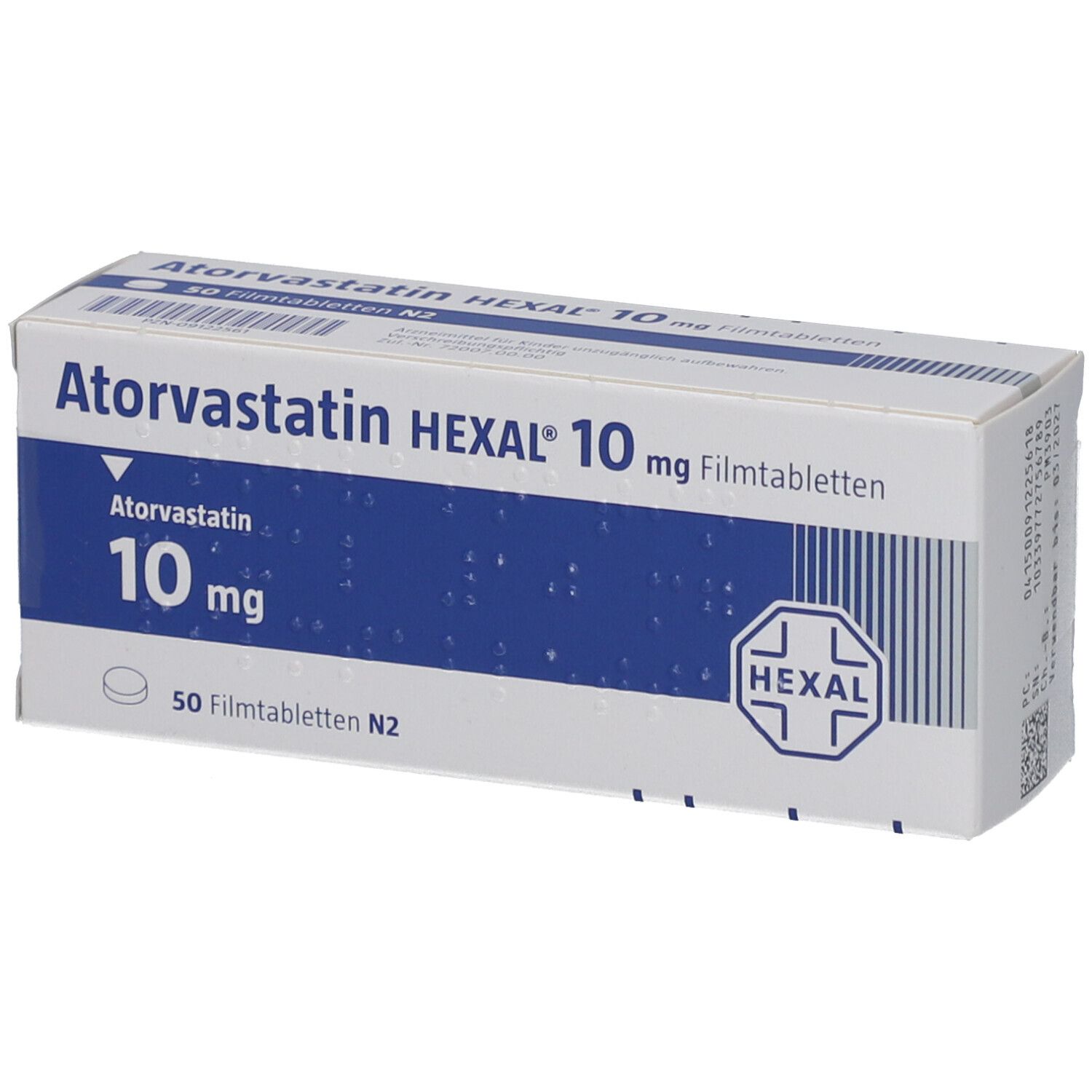 Schachtel mit Atorvastatin HEXAL 10 mg Filmtabletten. Blaue und weiße Verpackung mit Logo und Produktinformationen.