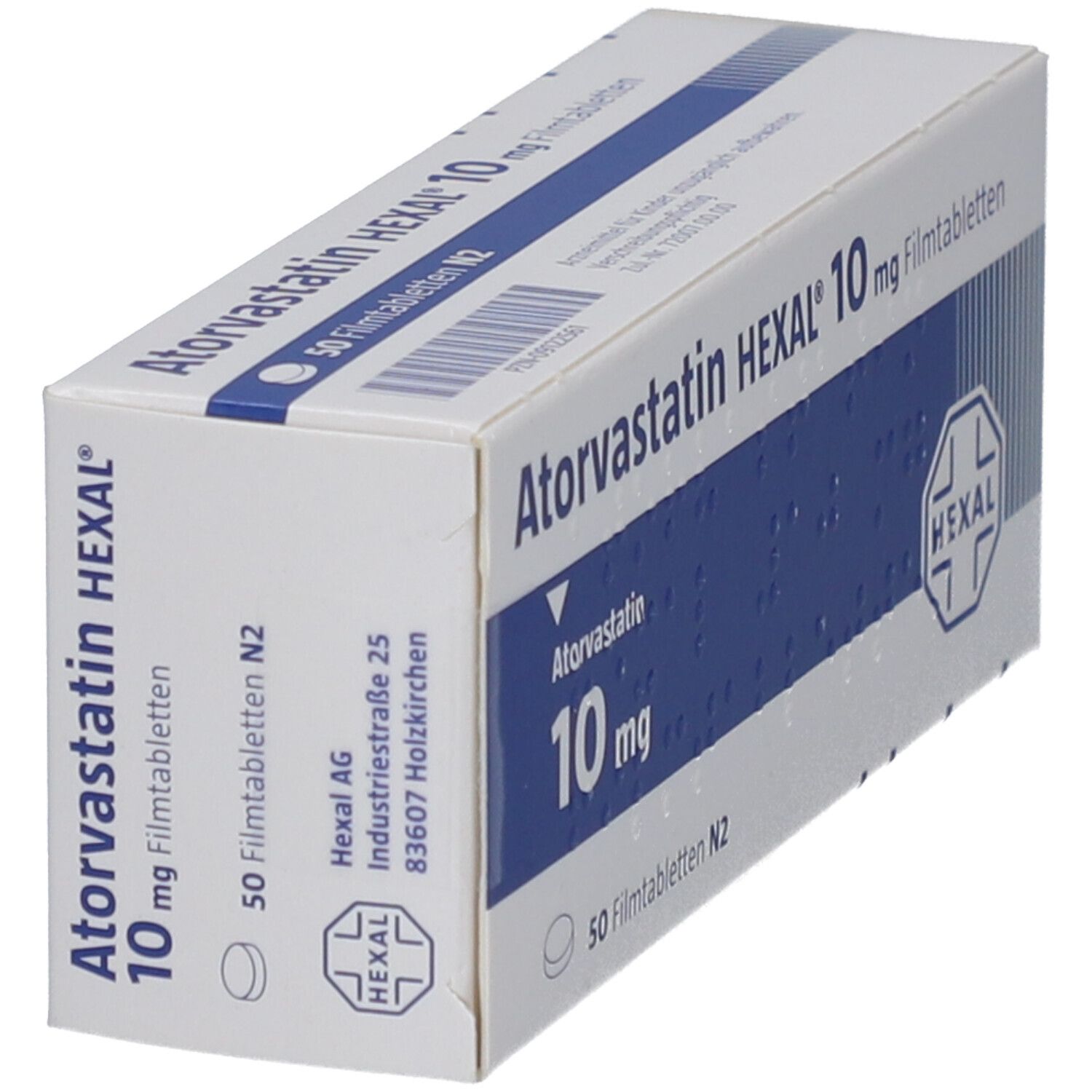 Schachtel mit Atorvastatin HEXAL 10 mg Filmtabletten. Verpackung schräg, Logo und Produktinformationen sichtbar.
