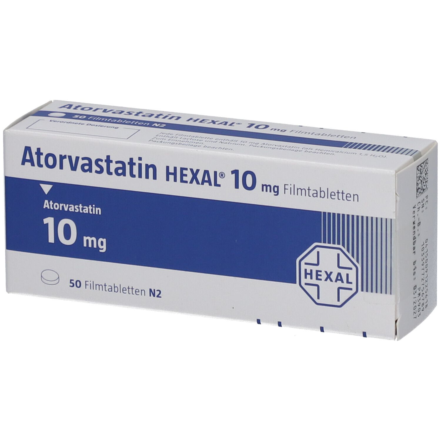 Schachtel mit Atorvastatin HEXAL 10 mg Filmtabletten. Blaue und weiße Verpackung mit Logo und Produktinformationen.