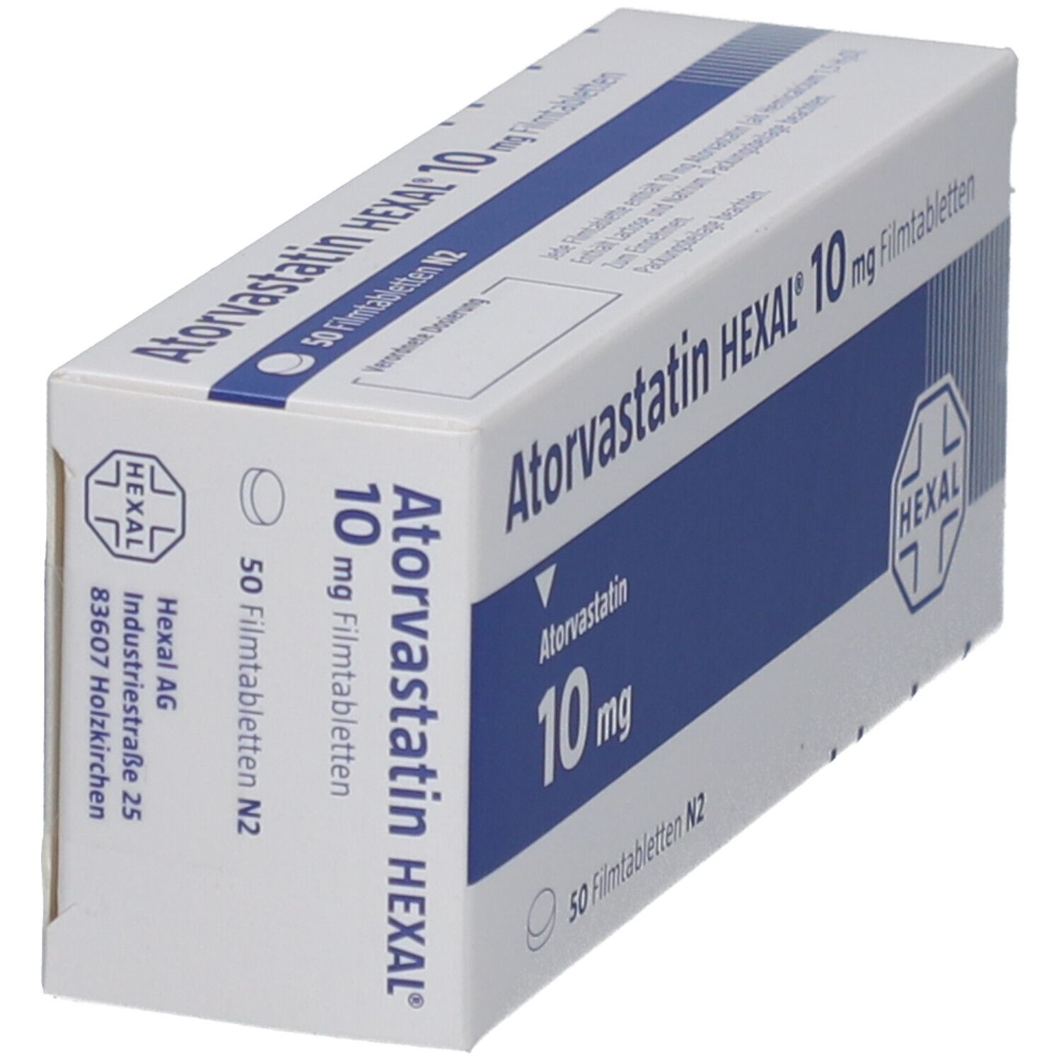 Schachtel mit Atorvastatin HEXAL 10 mg Filmtabletten. Verpackung schräg, Logo und Produktinformationen sichtbar.